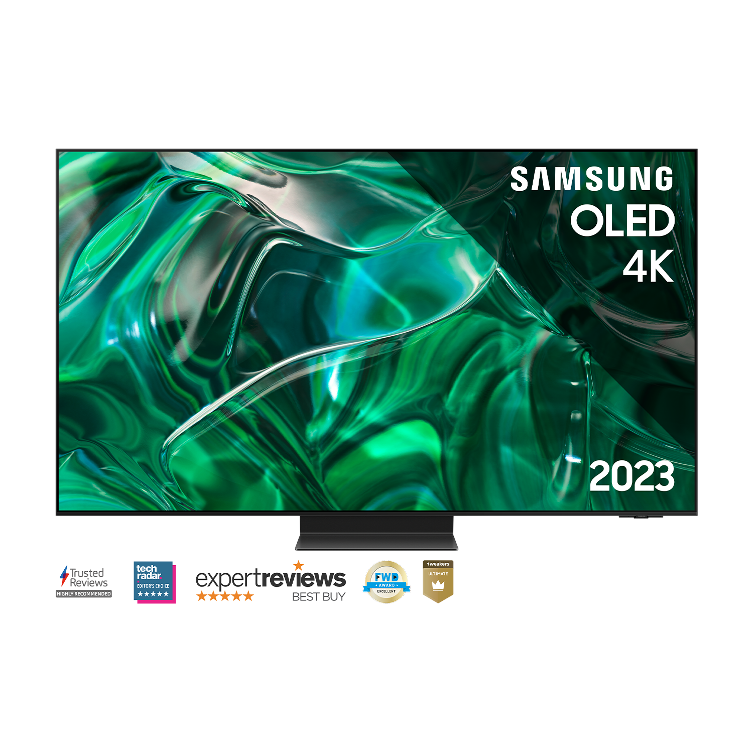 Téléviseur Samsung OLED 4K avec affichage abstrait vert. Logos 'Trusted Reviews', 'Tech Radar', 'Expert Reviews' et 'Best Buy' sont affichés.