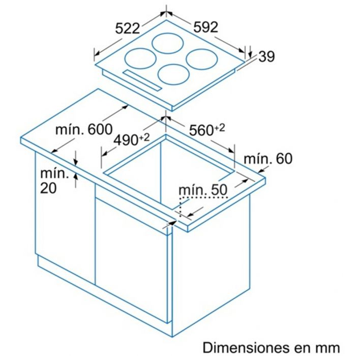 Diagrama de una placa de cocina con dimensiones en milímetros.