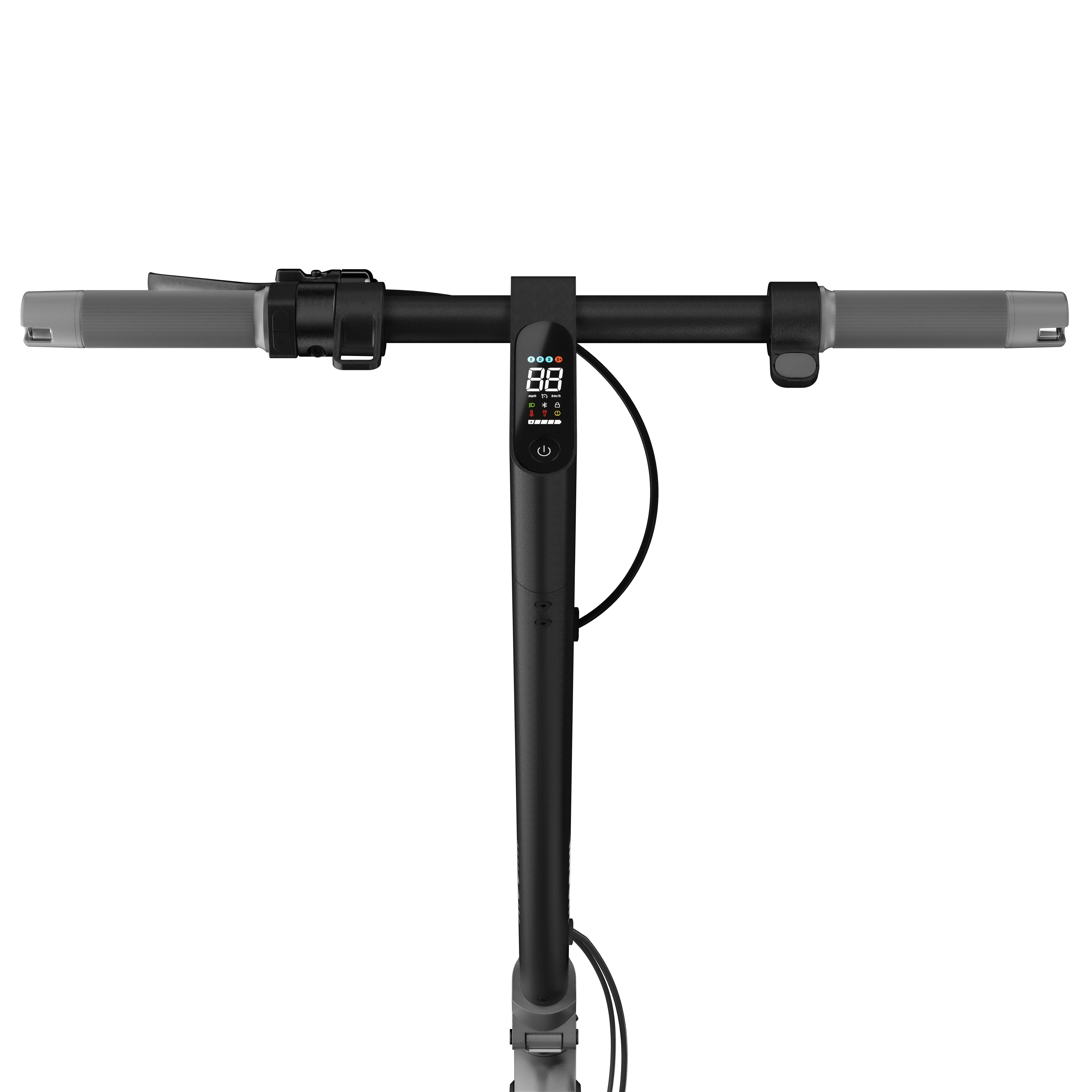 Roller-Lenker mit digitaler Anzeige. Der Lenker ist schwarz und hat graue Griffe.