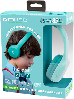 Kinderkopfhörer in einer Box, mit einem Kind, das sie trägt. Paket zeigt Bluetooth und andere Symbole.