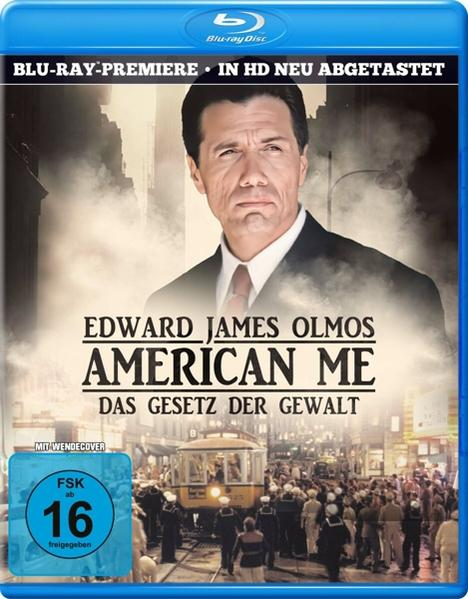 Blu-ray-Disc-Cover für 'American Me'. Mit Edward James Olmos und einer Stadtszene.