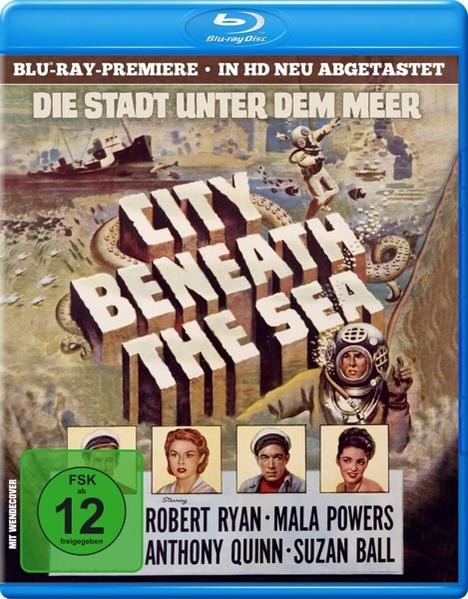 Filmposter mit Tauchern, einem Oktopus und einem gesunkenen Schiff.