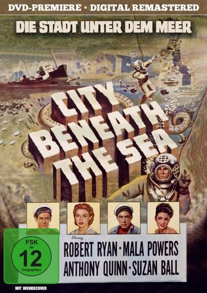 Filmposter für 'Die Stadt unter dem Meer', mit Tauchern, einem Oktopus und Filmstars.