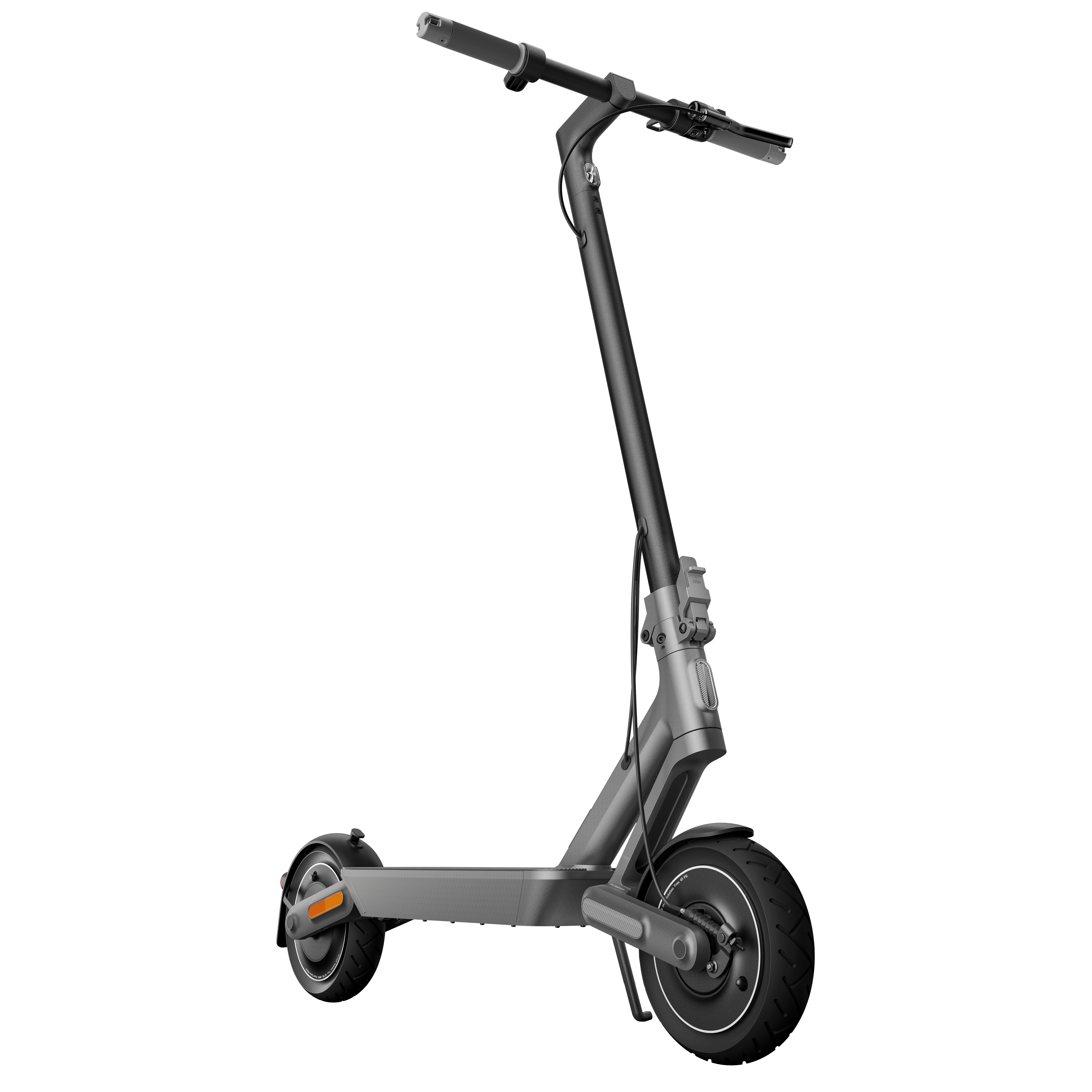 Grauer Elektroroller, schwarzer Lenker und Rad.