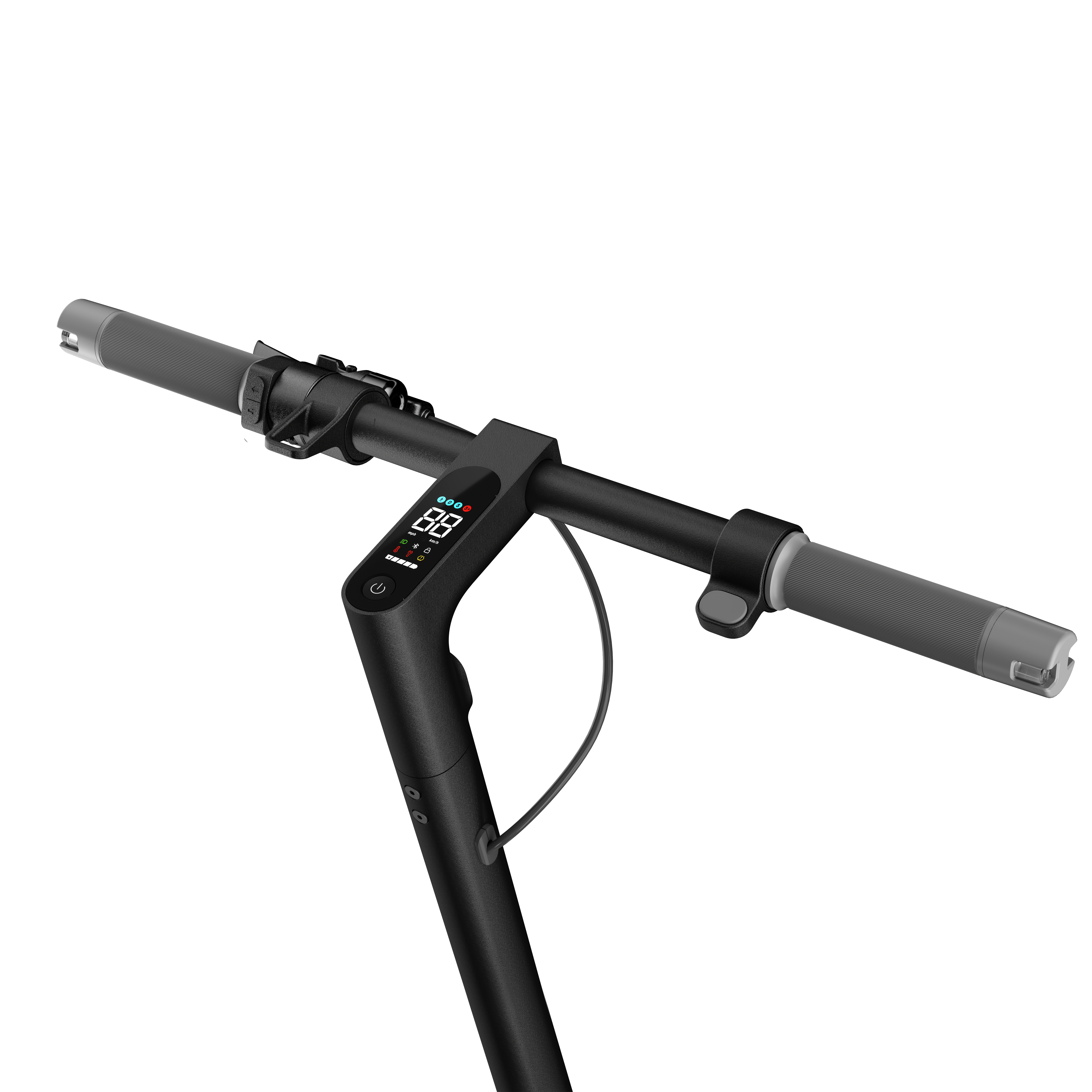 Nahaufnahme eines Elektroroller-Lenkers mit Display und Bedienelementen, weißer Hintergrund.