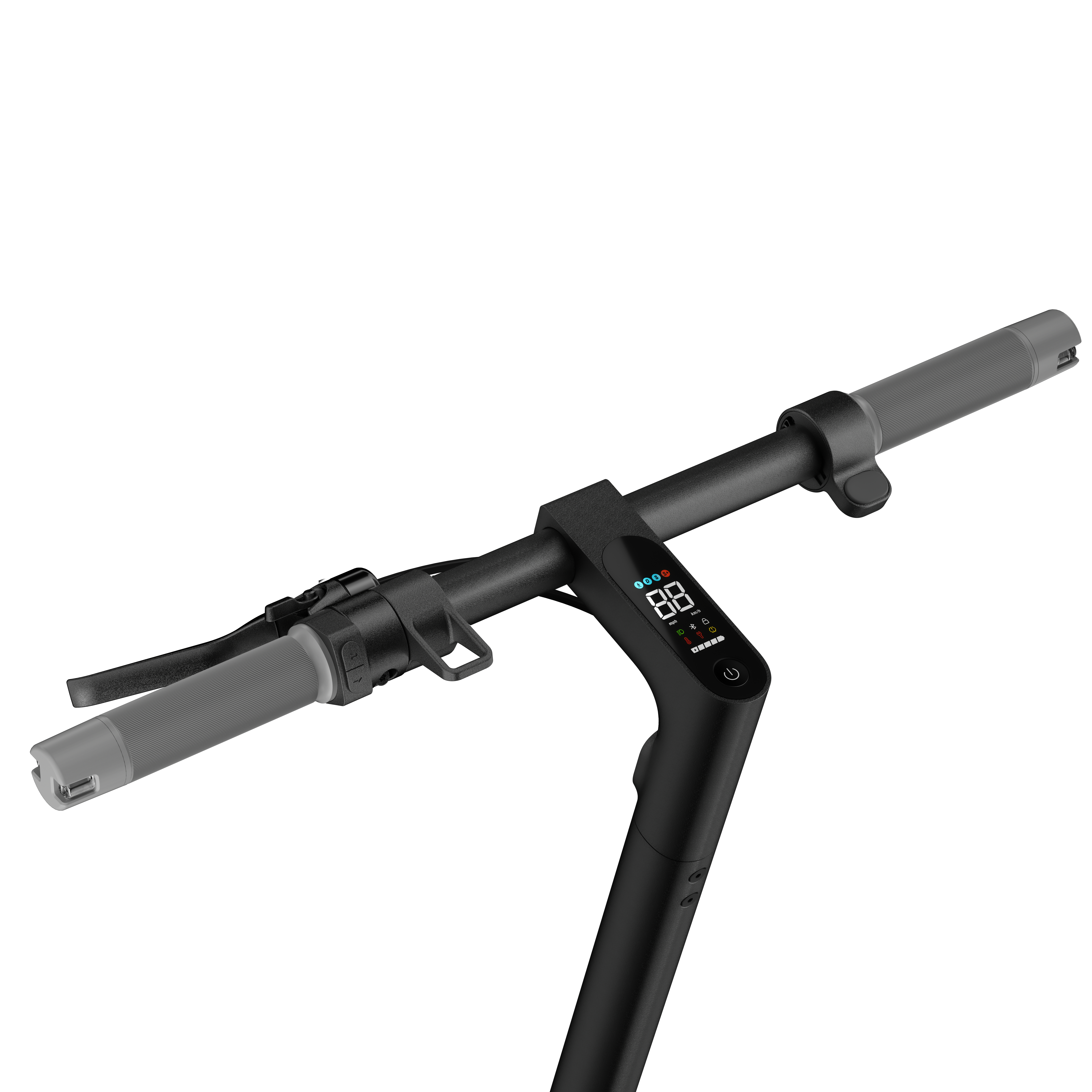 Elektroroller-Lenker in Nahaufnahme. Die Lenker sind schwarz und grau.