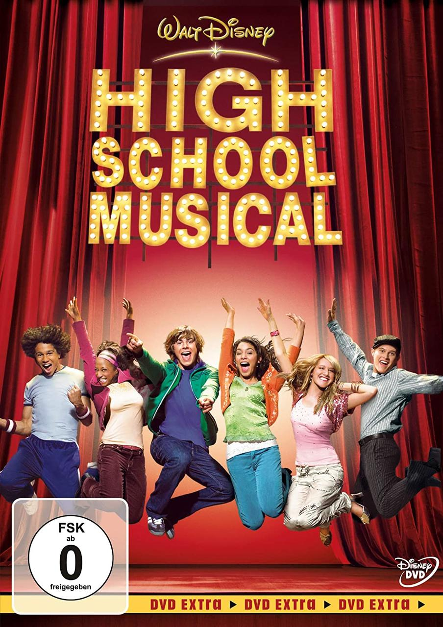 DVD-Cover von High School Musical. Zeigt die Besetzung auf einer Bühne mit einem großen Theaterschild. Helle Farben.