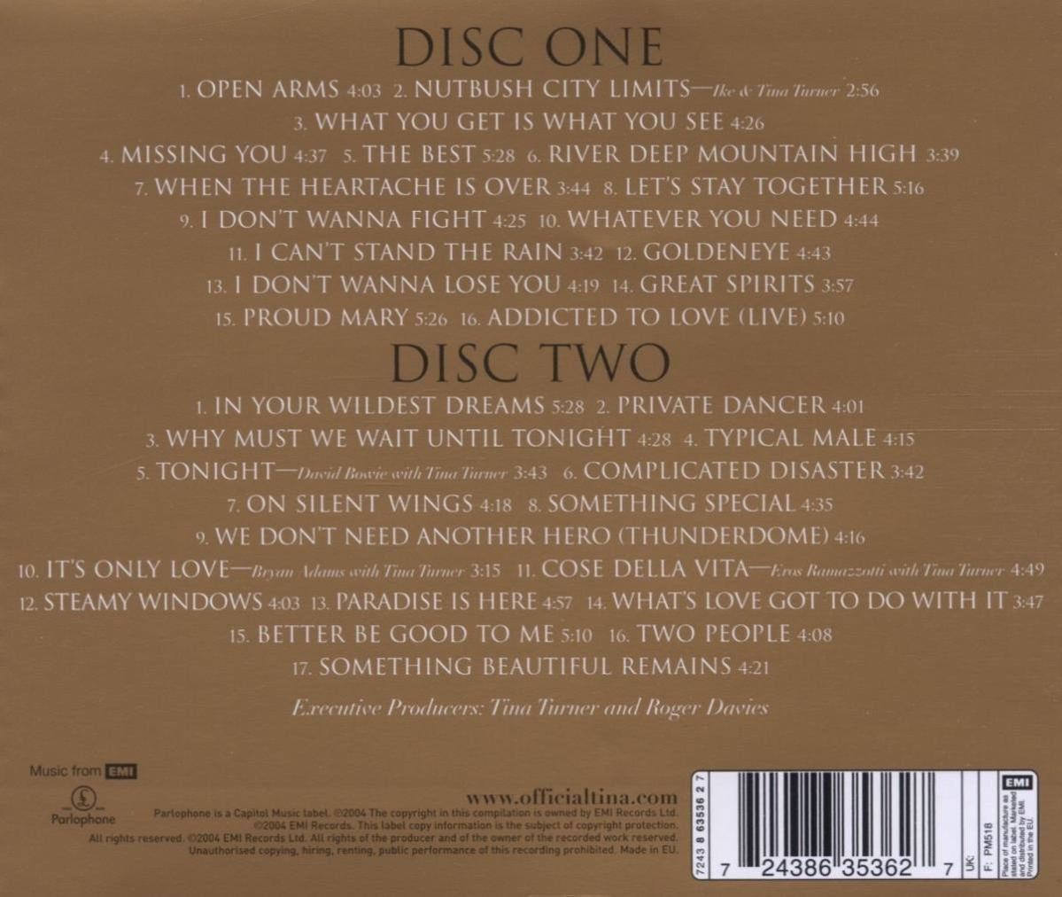 Albumcover mit Titelliste. Titel: Disc One, Disc Two. Künstler: Tina Turner.