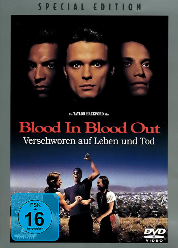 DVD-Cover für 'Blood In Blood Out'. Zeigt drei Männer und eine Stadtkulisse.