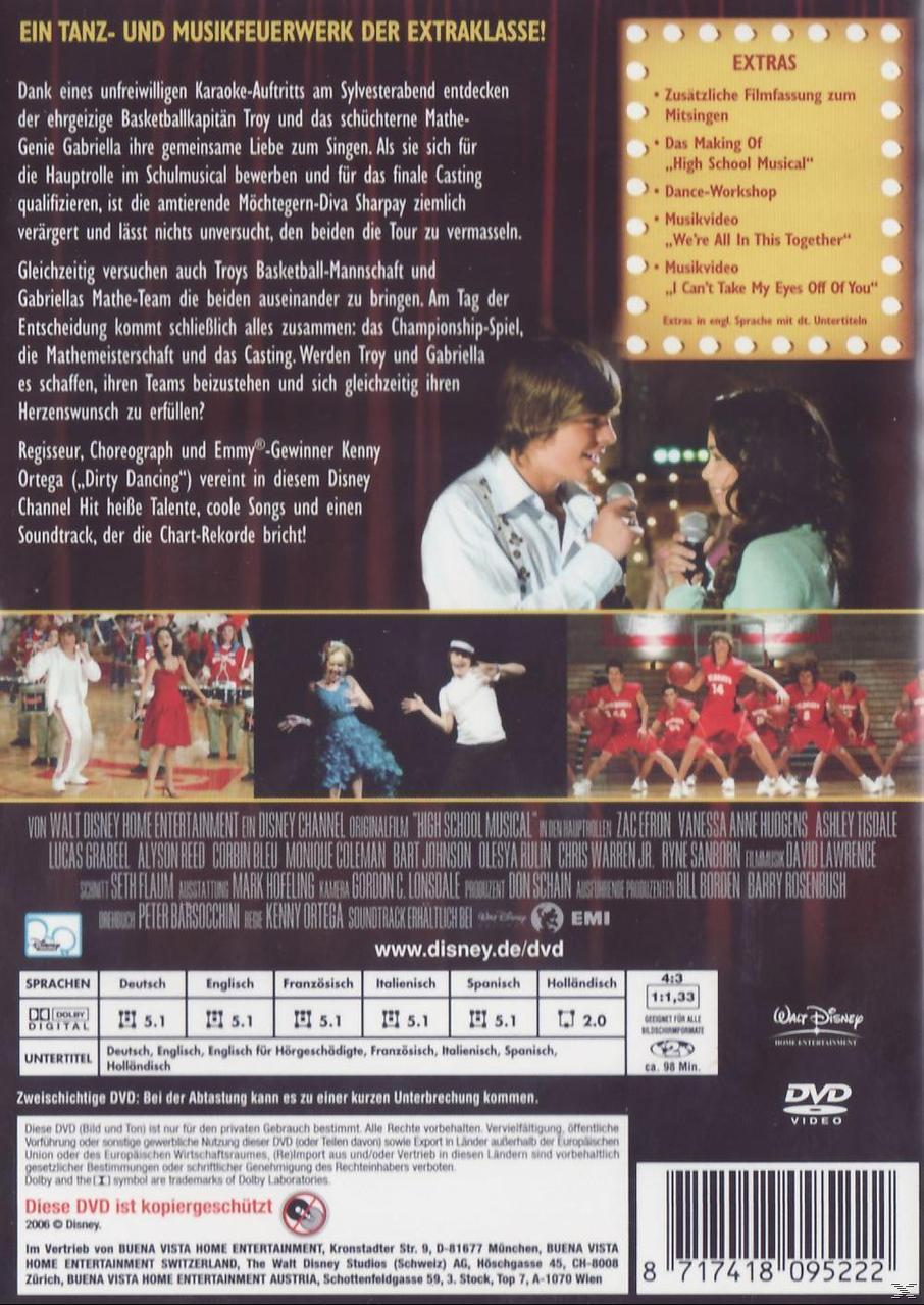 Die Rückseite einer High School Musical DVD mit Cast und Text. Die DVD ist auf Deutsch.