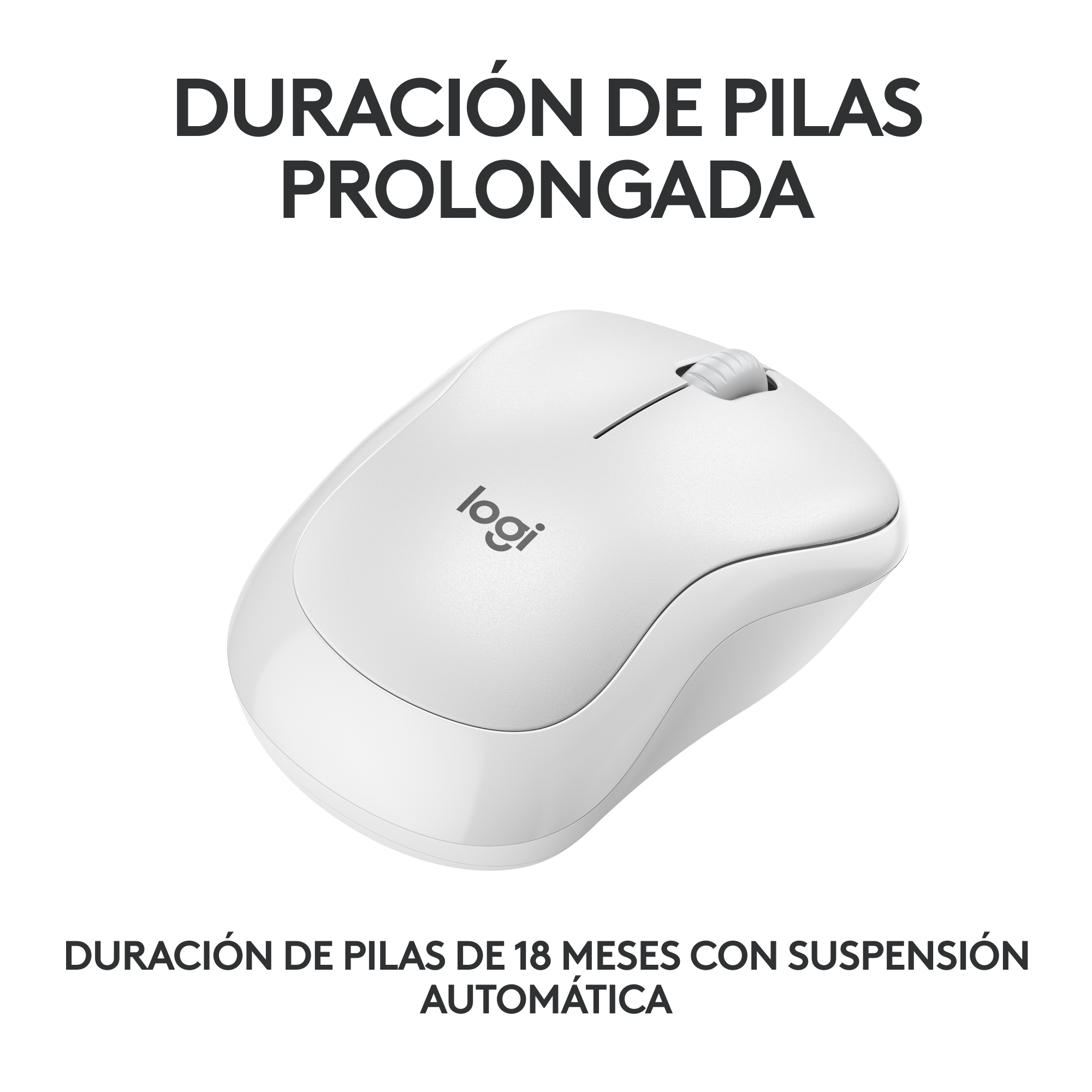 Ratón inalámbrico blanco. Tiene una rueda de desplazamiento y un logotipo. El texto dice 'Duración prolongada de la batería'.
