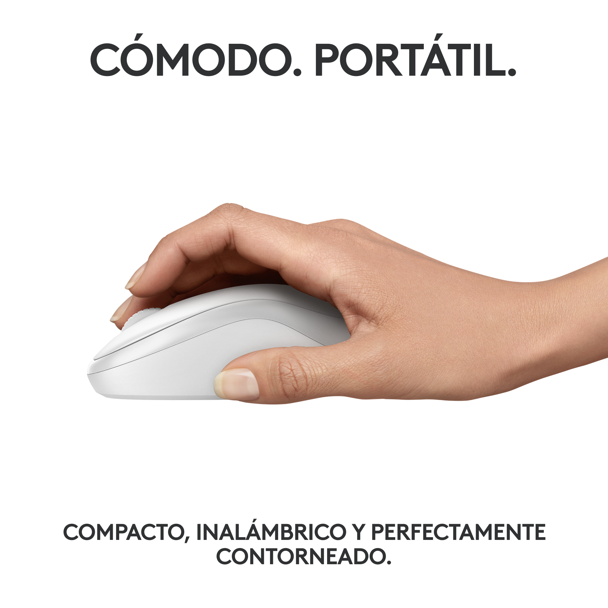 Mano sosteniendo un ratón de ordenador blanco. Texto: COMODO. PORTÁTIL. COMPACTO, INALÁMBRICO Y PERFECTAMENTE CONTORNEADO.