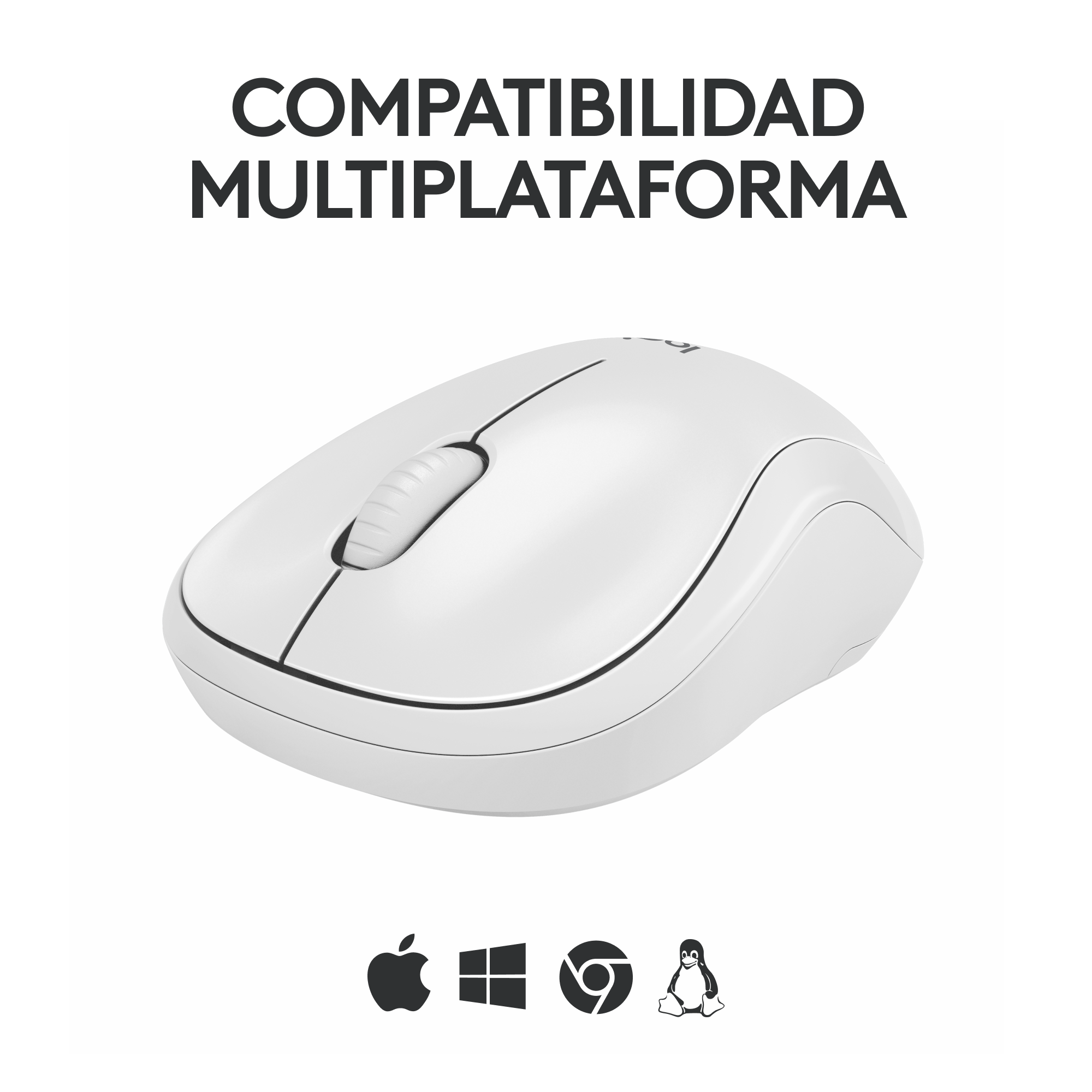 Ratón inalámbrico blanco con texto 'COMPATIBILIDAD MULTIPLATAFORMA' arriba.