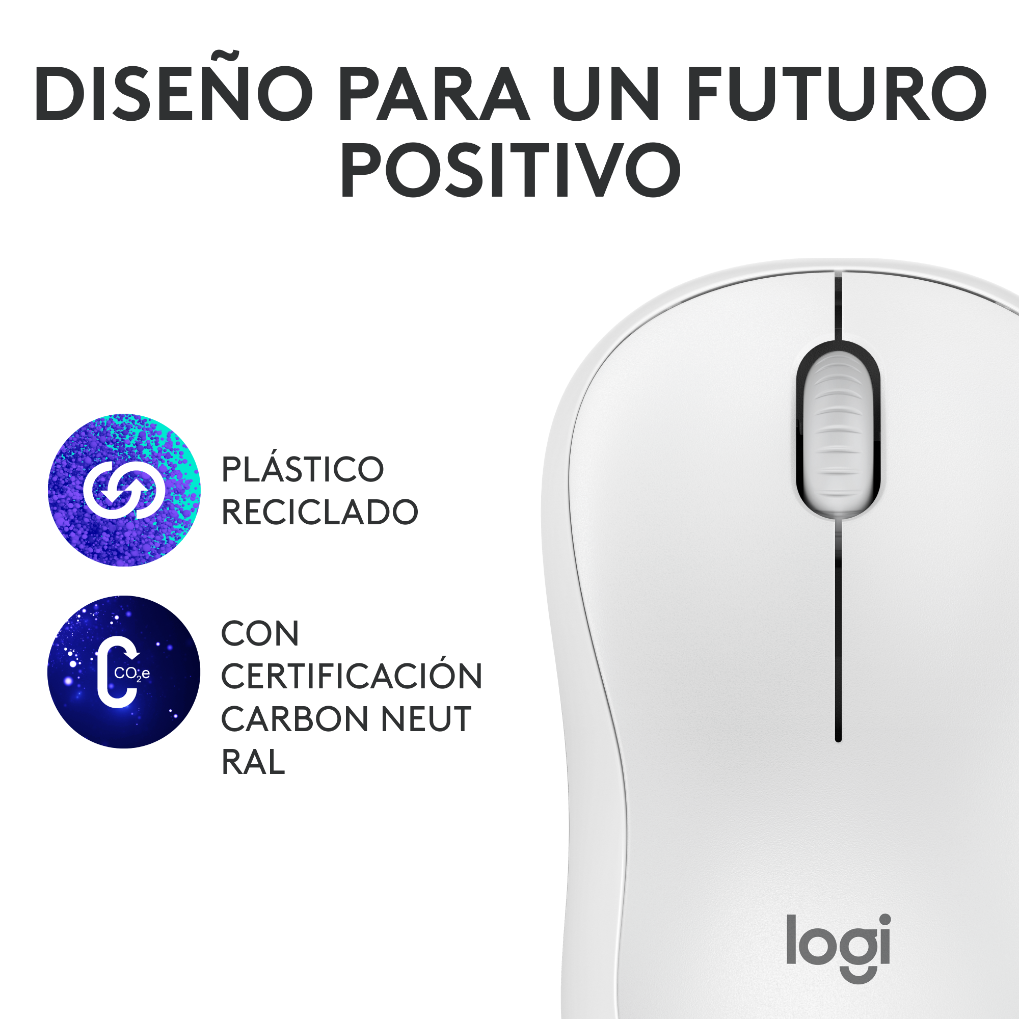 Ratón Logitech blanco con rueda de desplazamiento. Texto menciona plástico reciclado y neutralidad de carbono.