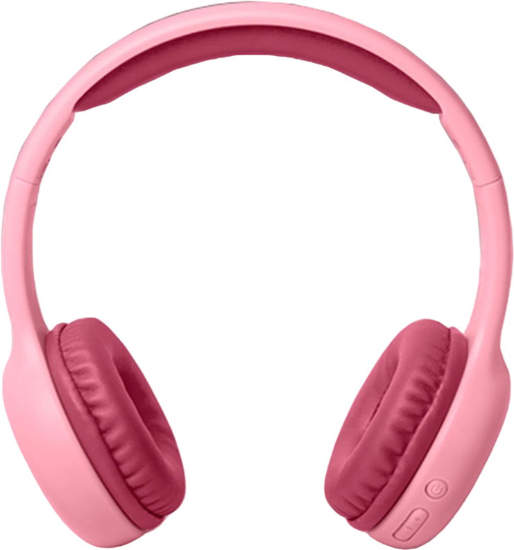 Rosa Kopfhörer mit rosa Ohrmuscheln und Kopfband, vor weißem Hintergrund.