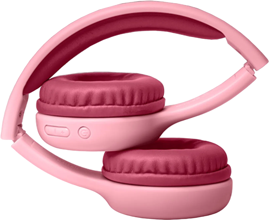 Zusammengeklappte rosa Kopfhörer mit weinroten Ohrmuscheln. Das Kopfband ist ebenfalls rosa.