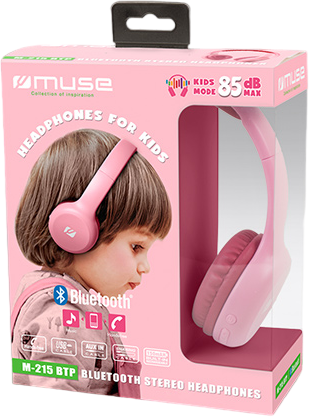 Rosa Kinderkopfhörer in einer Box, mit einem Kinderbild. Bluetooth-Logo sichtbar.