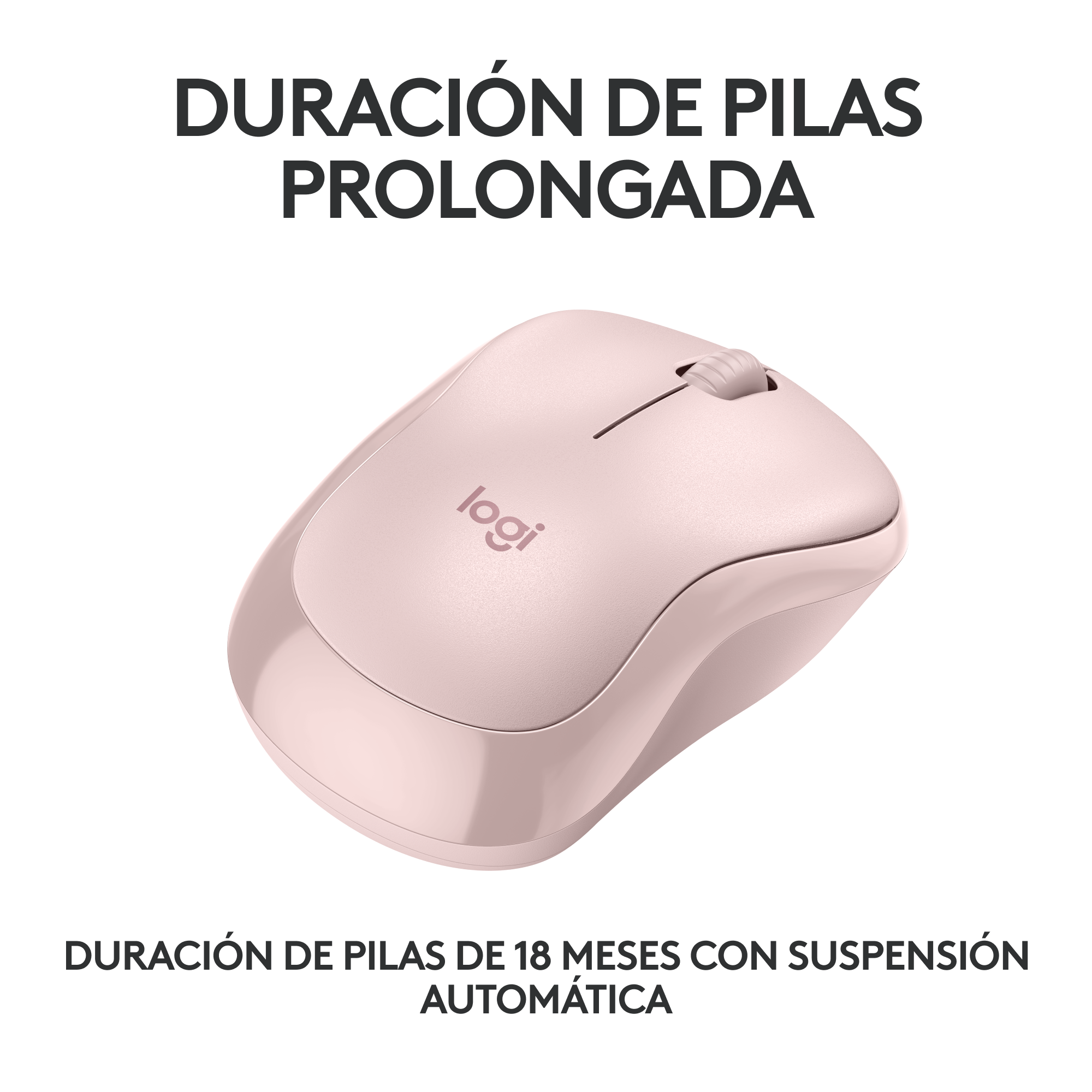 Ratón inalámbrico rosa con texto sobre larga duración de la batería y suspensión automática.