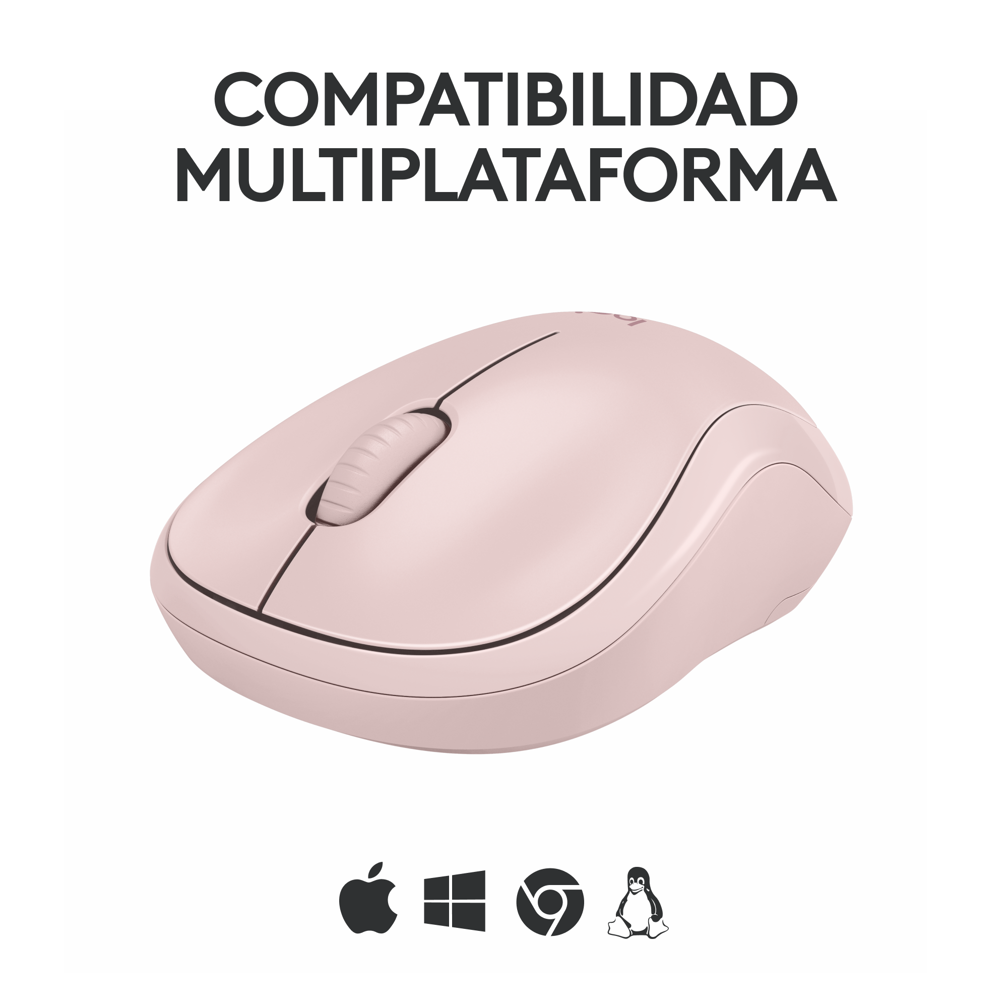 Un ratón inalámbrico rosa con rueda de desplazamiento y los logos de Apple, Windows, Chrome y Linux.