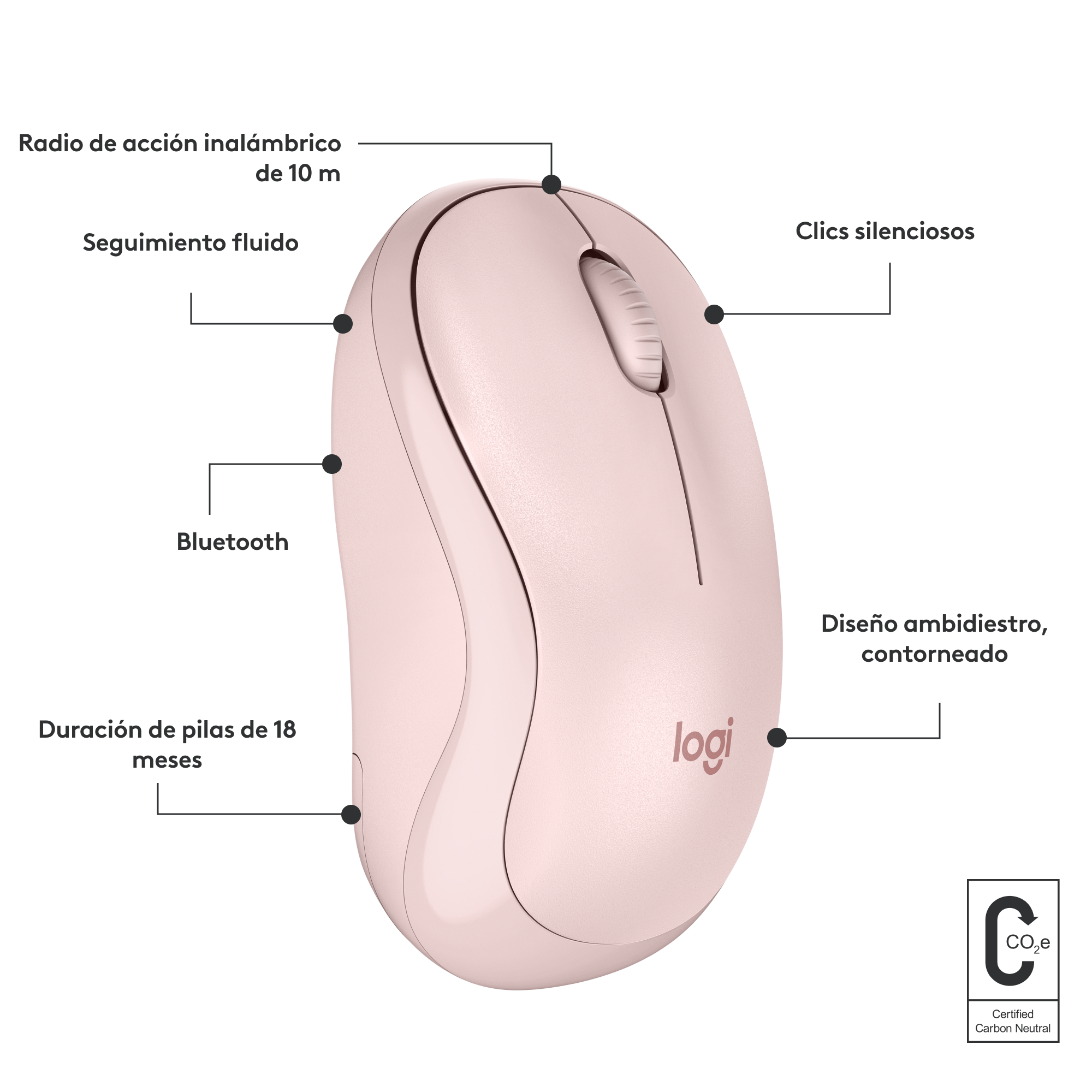 Ratón inalámbrico rosa con etiquetas.
