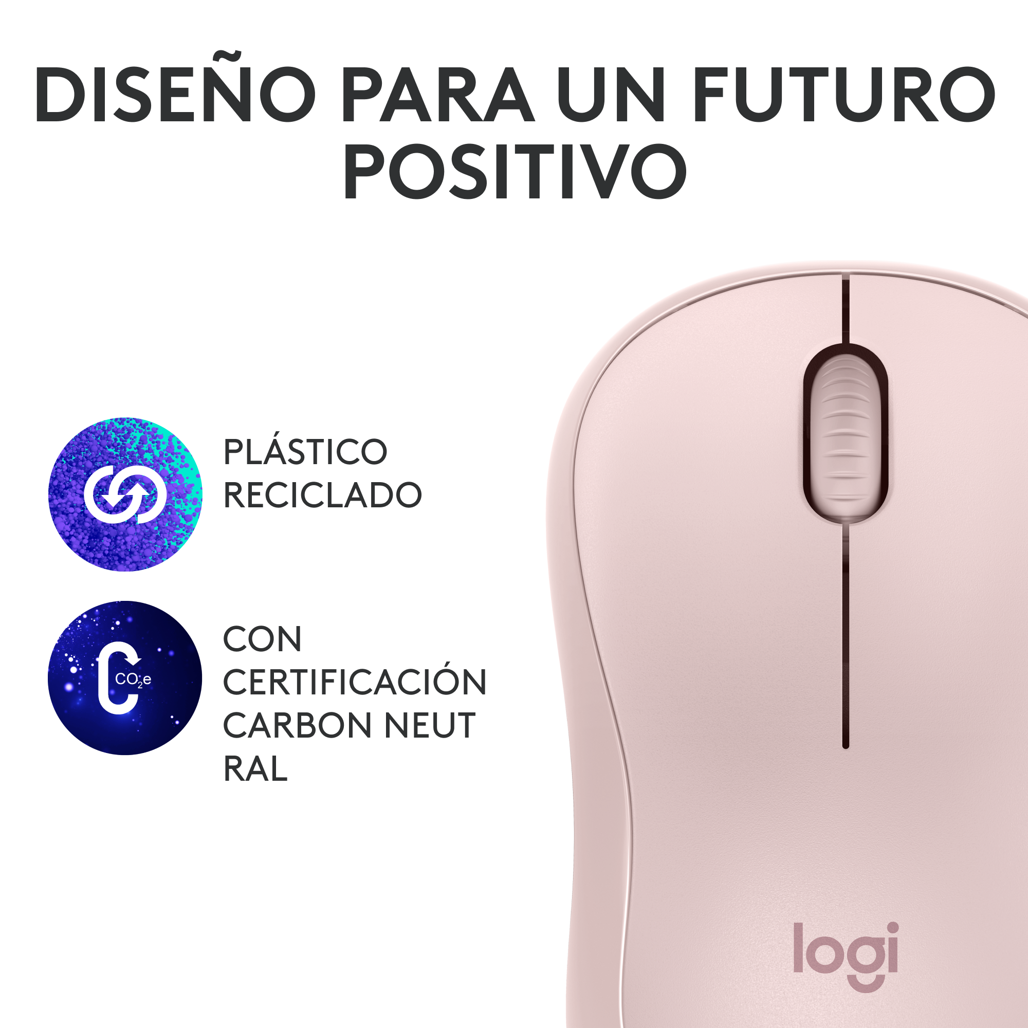 Un ratón de ordenador rosa con símbolos de reciclaje y carbono neutral.