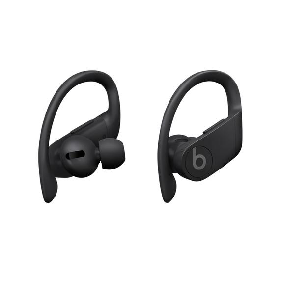 Schwarze Beats Powerbeats Pro Ohrhörer mit gebogenem Ohrbügel und einem Ohrhörer.