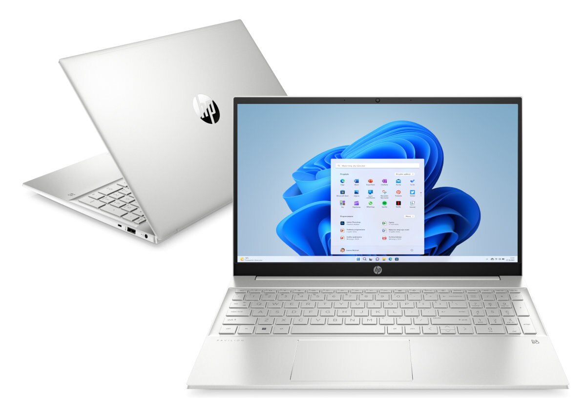 Srebrny laptop HP otwarty, wyświetlający ekran Windows 11. Drugi laptop w tle.
