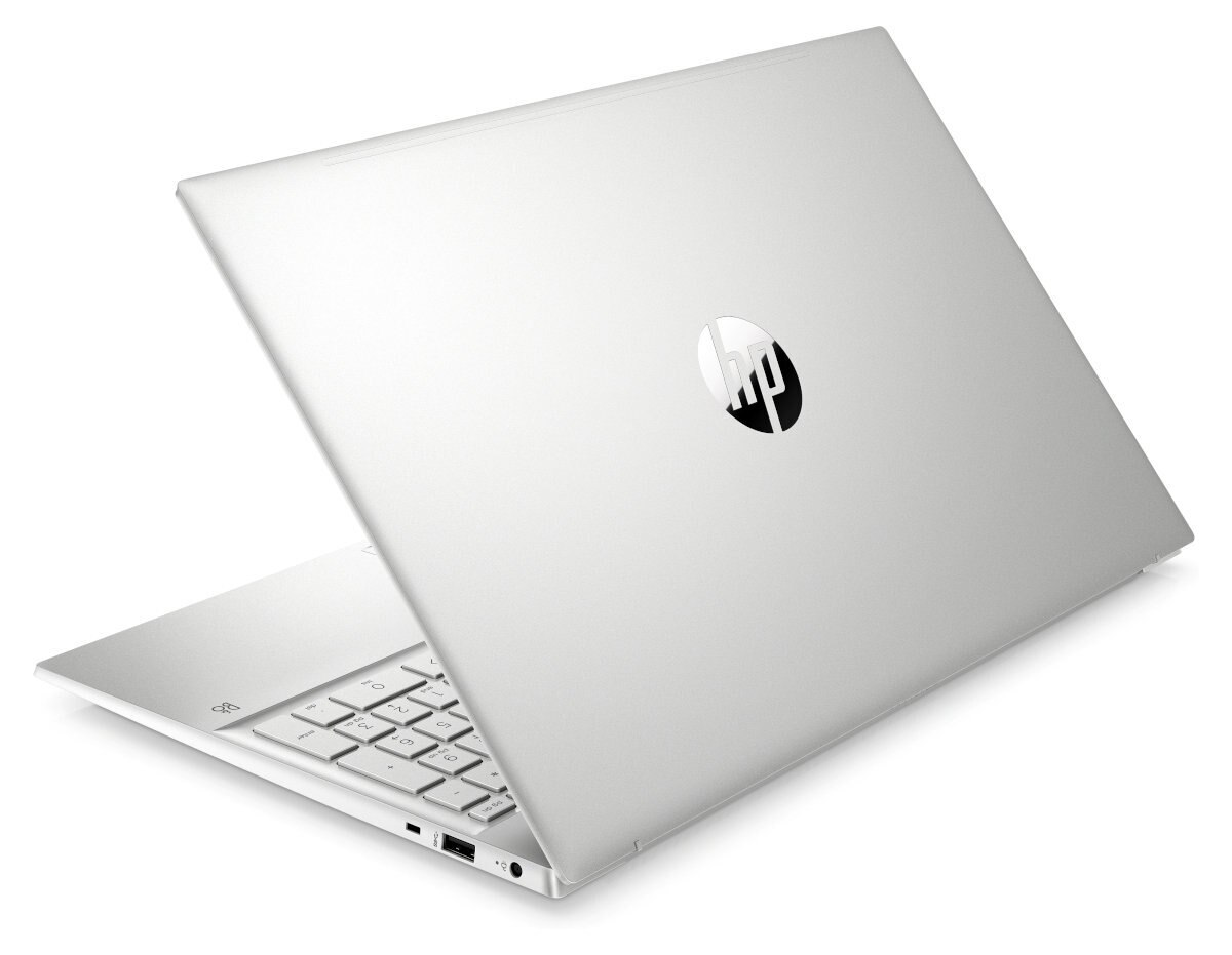 Srebrny laptop z tyłu z logo HP. Laptop jest otwarty.