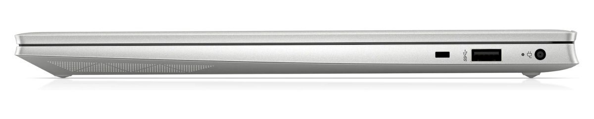 Widok z boku srebrnego laptopa z portami z boku. Białe tło.