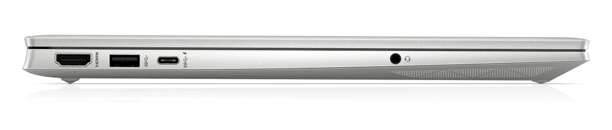 Widok z boku srebrnego laptopa z portami HDMI, USB, USB-C i gniazdem słuchawkowym, na białej powierzchni.