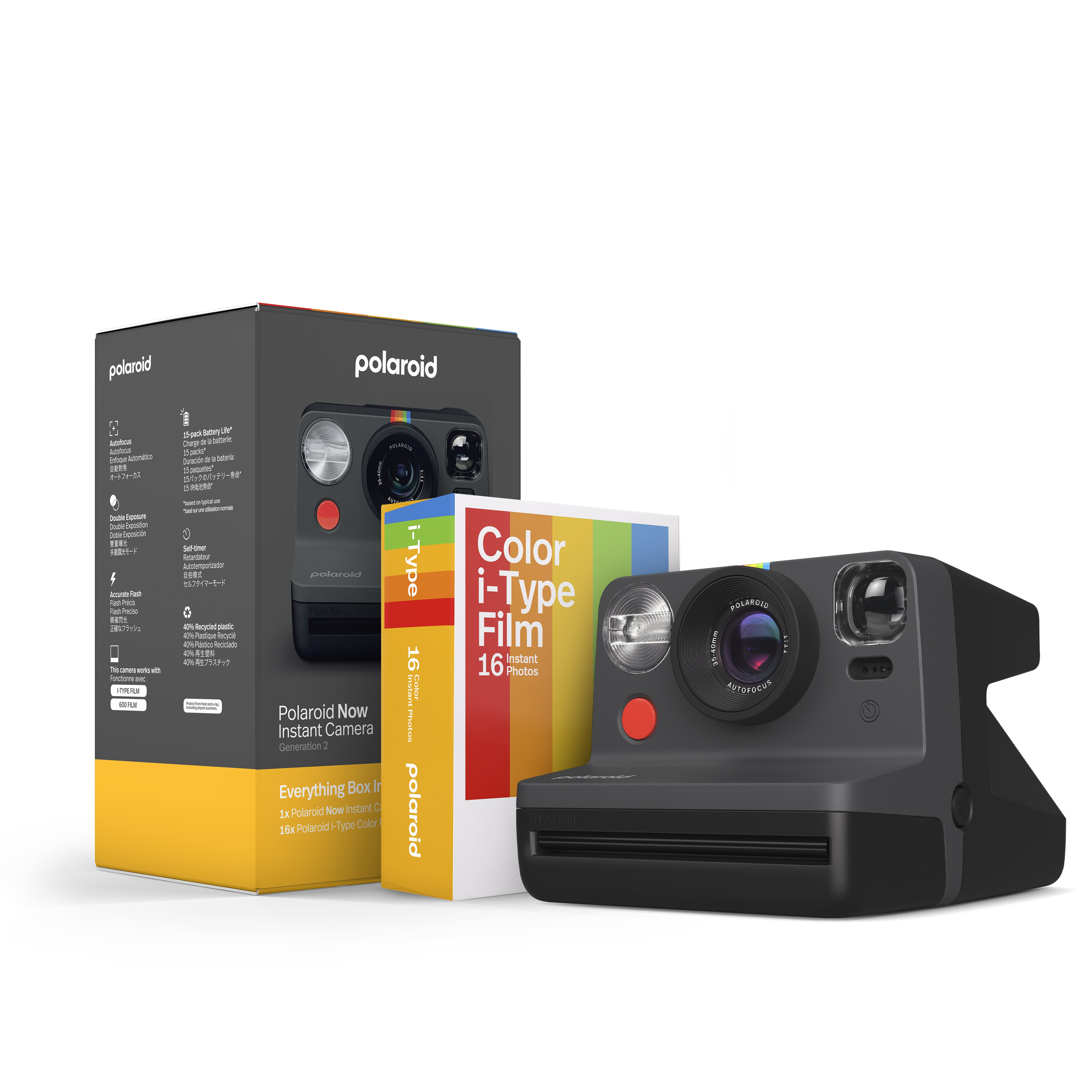 Polaroid kamera kutusu, bir kamera ve film paketleri. Kamera, kırmızı düğmeli gri renktedir.