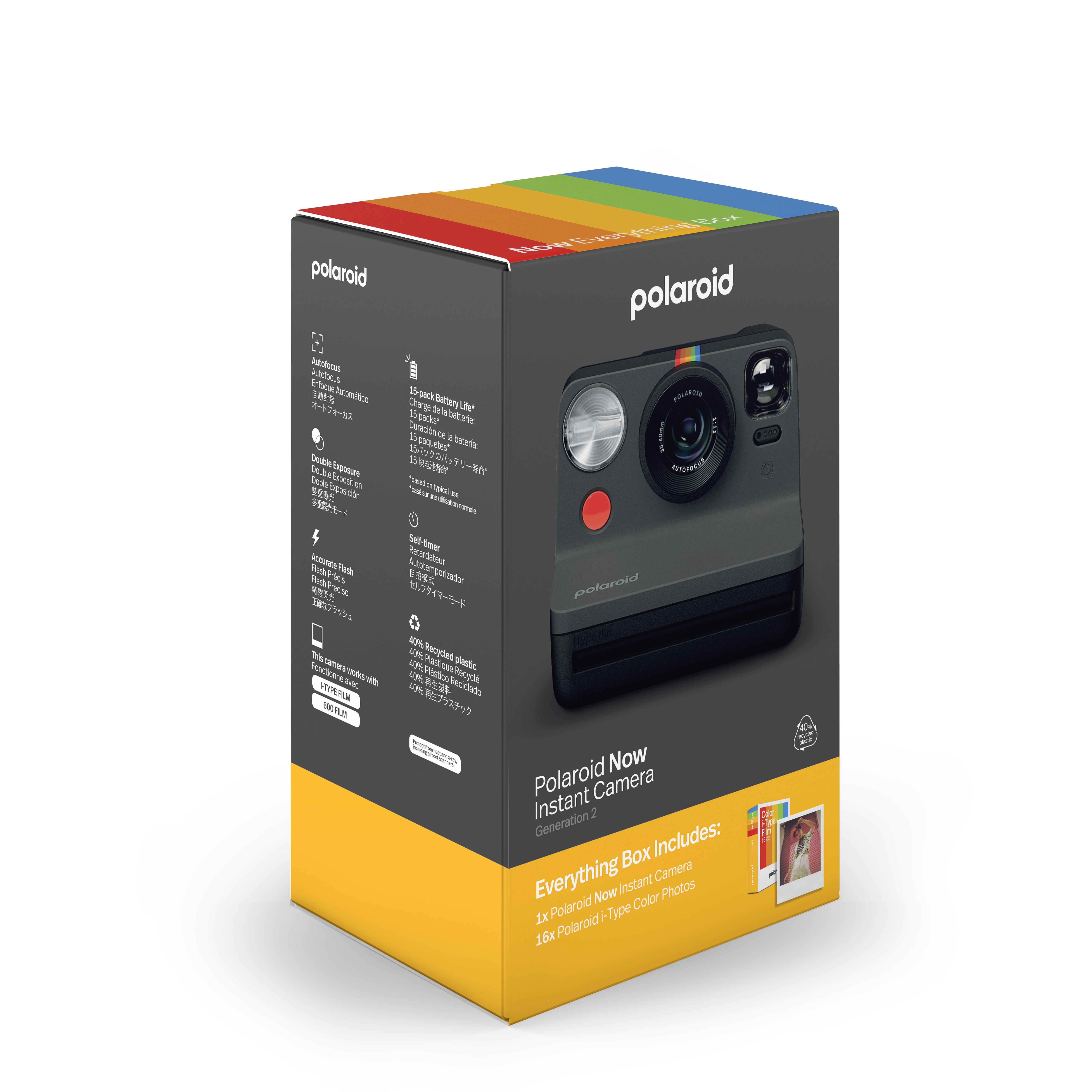Polaroid Now anında kamera kutusu. Kutu gri renkte ve kameranın bir resmini içeriyor. Beyaz zemin.