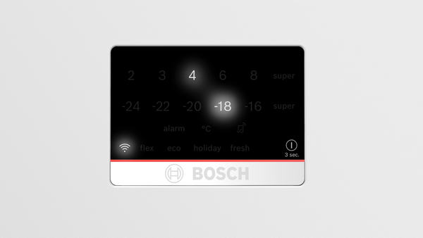 Sıcaklık ayarlarını ve simgeleri gösteren Bosch buzdolabı ekranı.