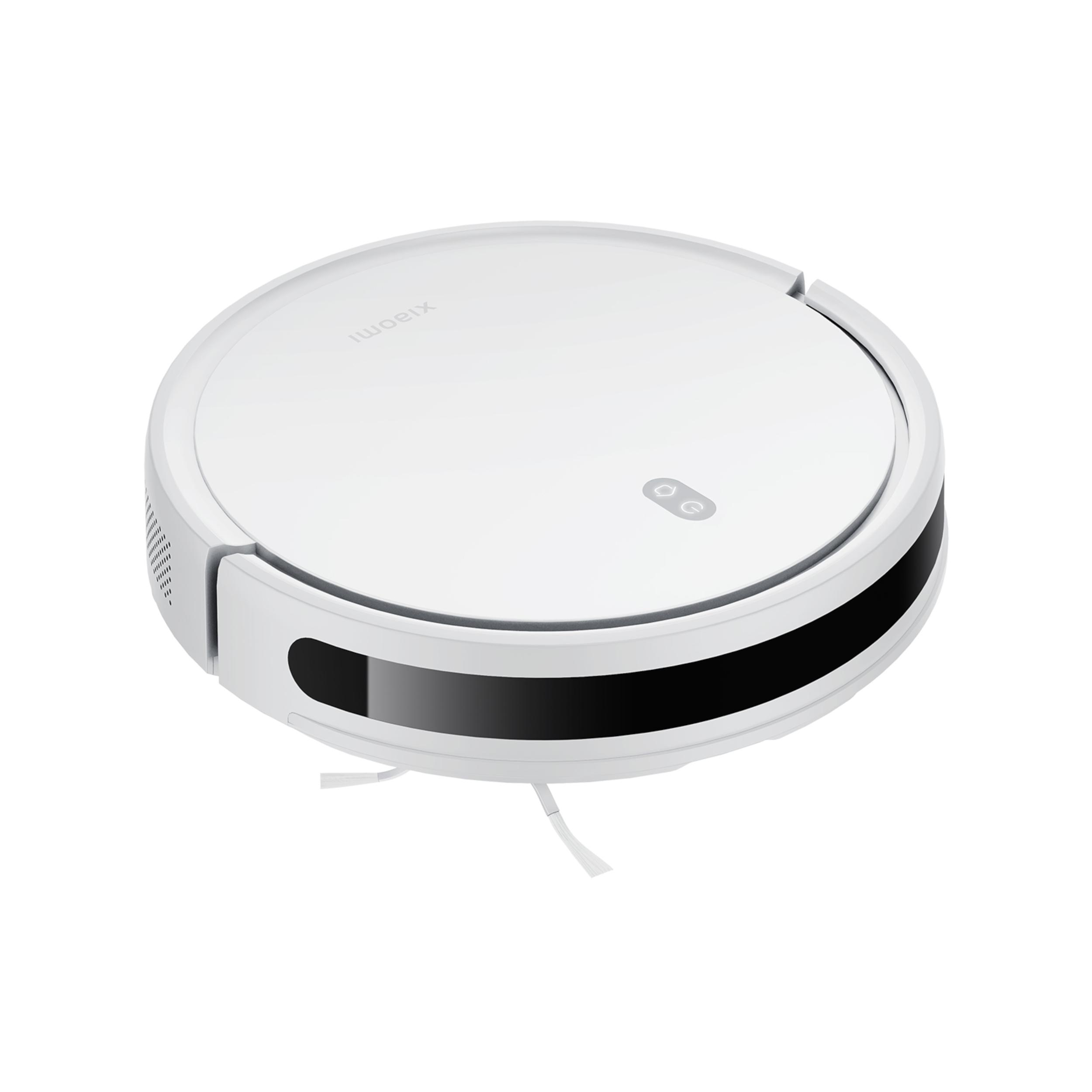 Ein weißer Roboter-Staubsauger auf weißem Hintergrund.