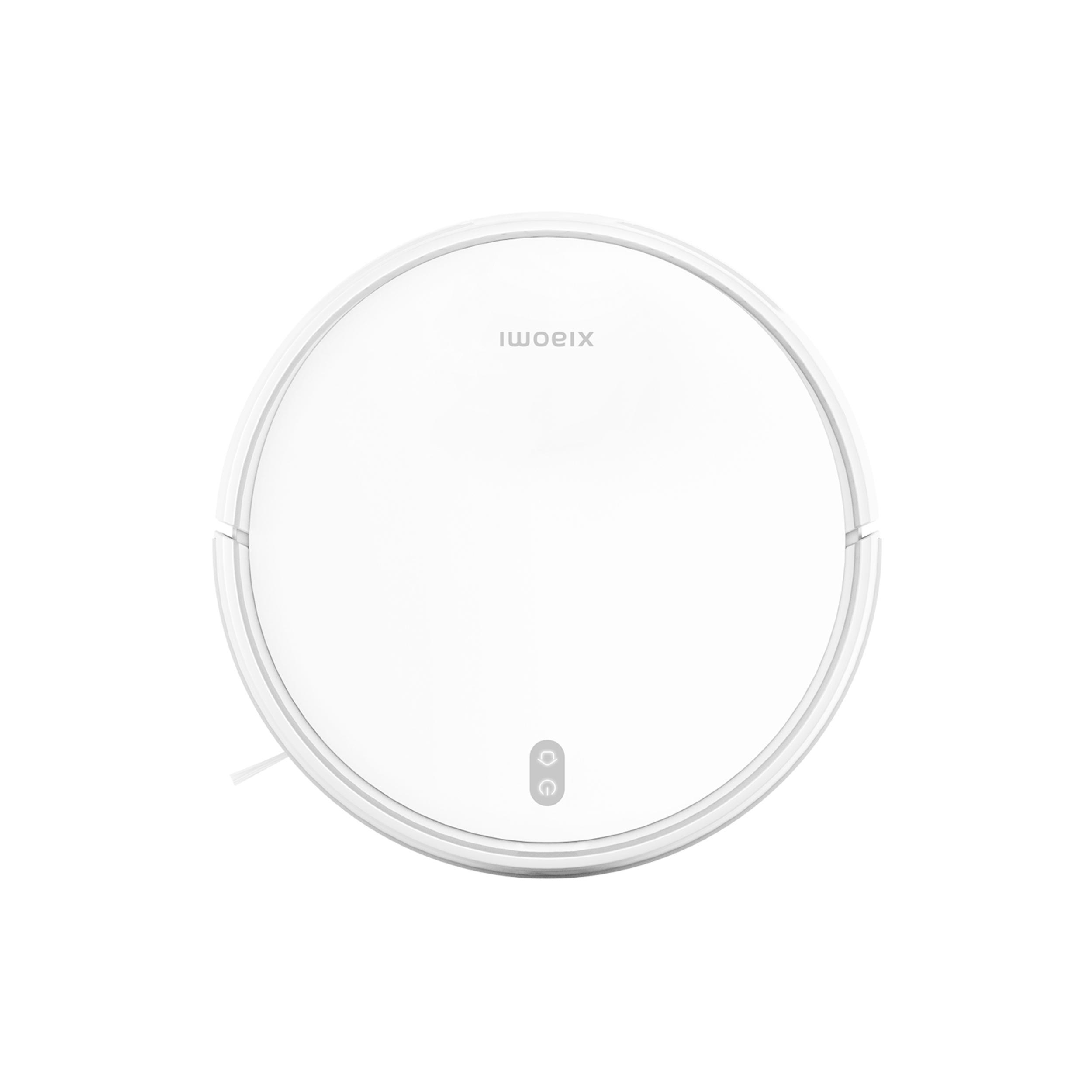 Weißer Roboter-Staubsauger auf weißem Grund, Draufsicht. Xiaomi Logo.