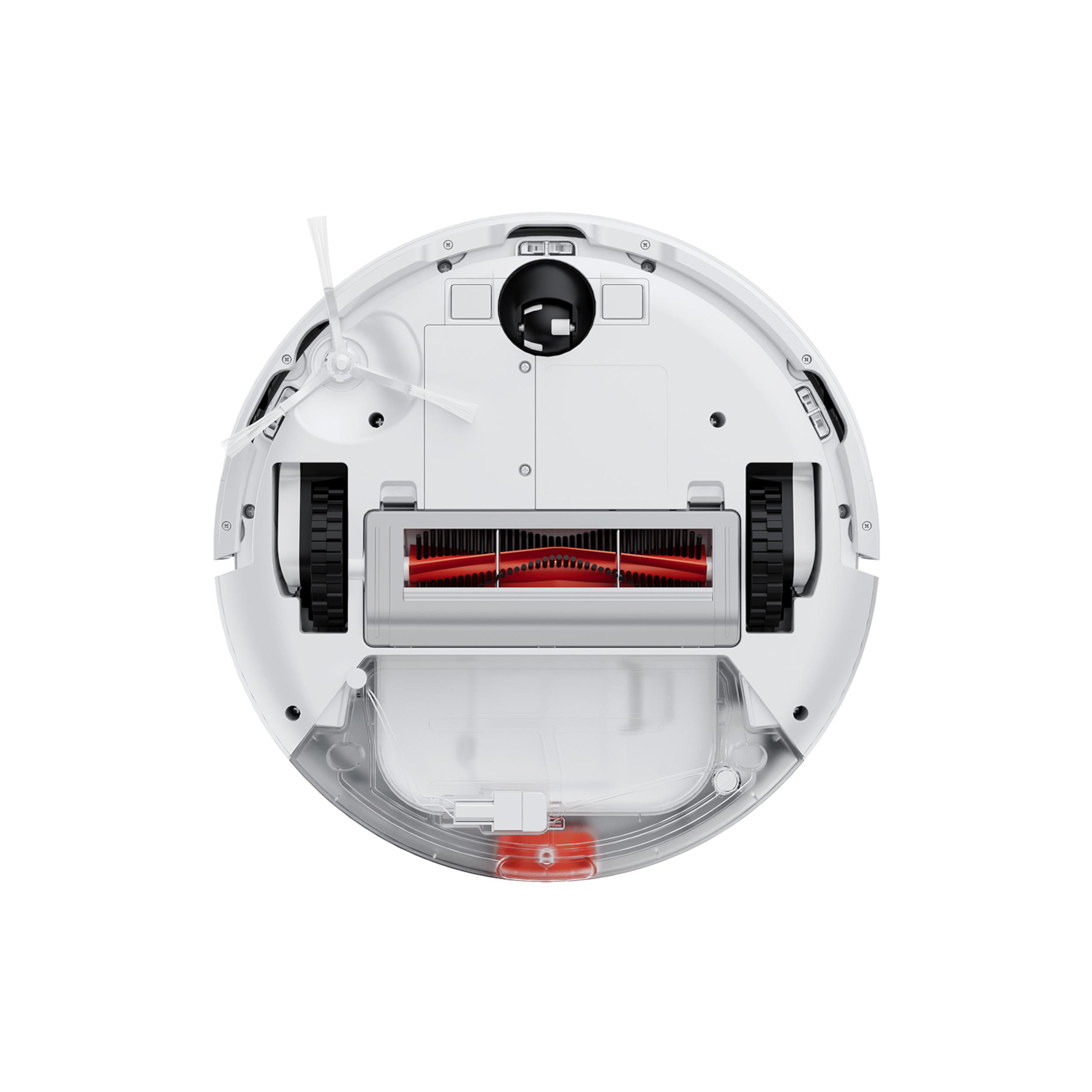 Ein weißer Roboter-Staubsauger, Draufsicht, mit roter Bürste und schwarzen Rädern, isoliert auf Weiß.