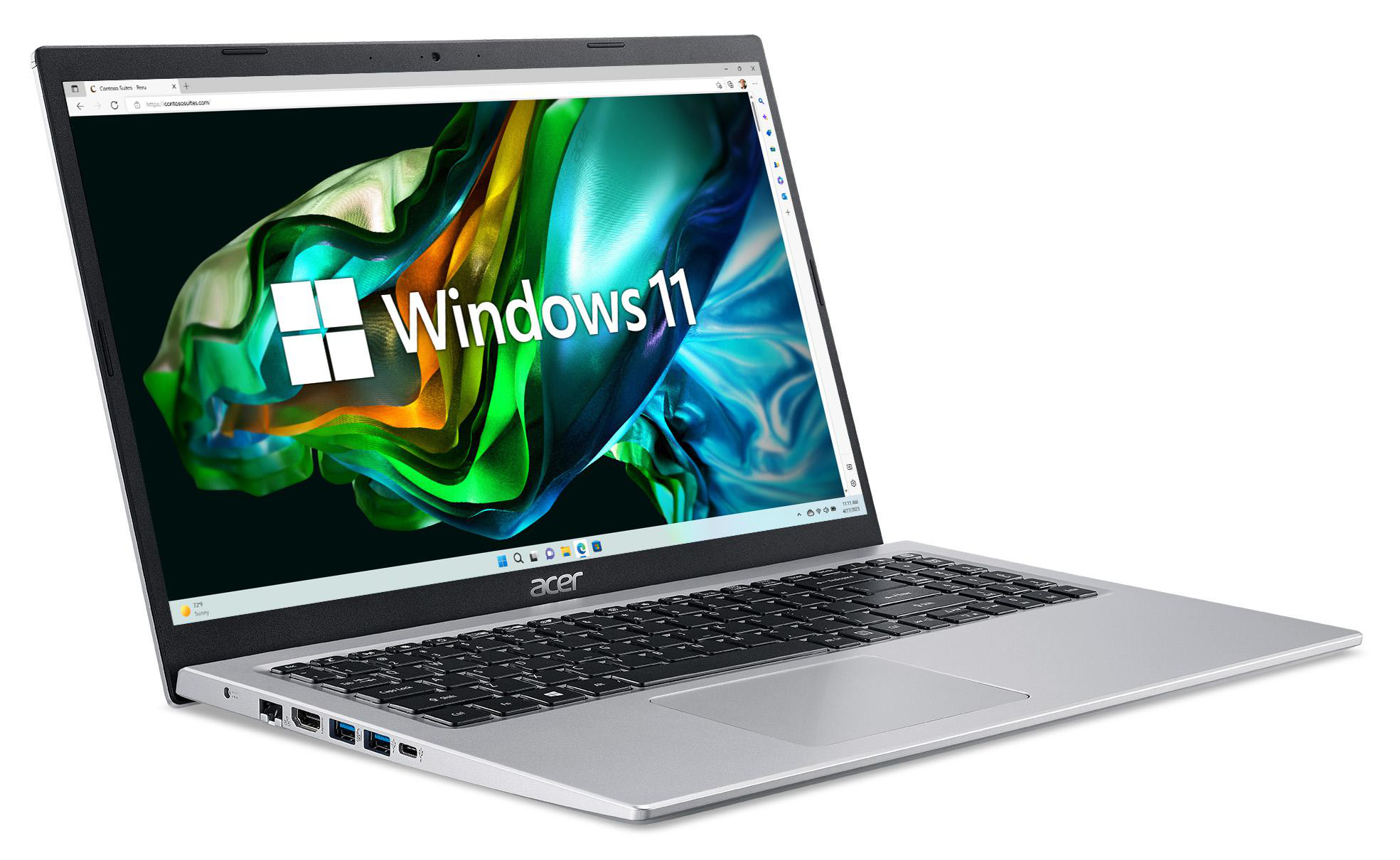 Silberner Laptop, der das Windows 11 Logo auf dem Bildschirm zeigt. Der Hintergrund ist ein farbenfrohes Design.