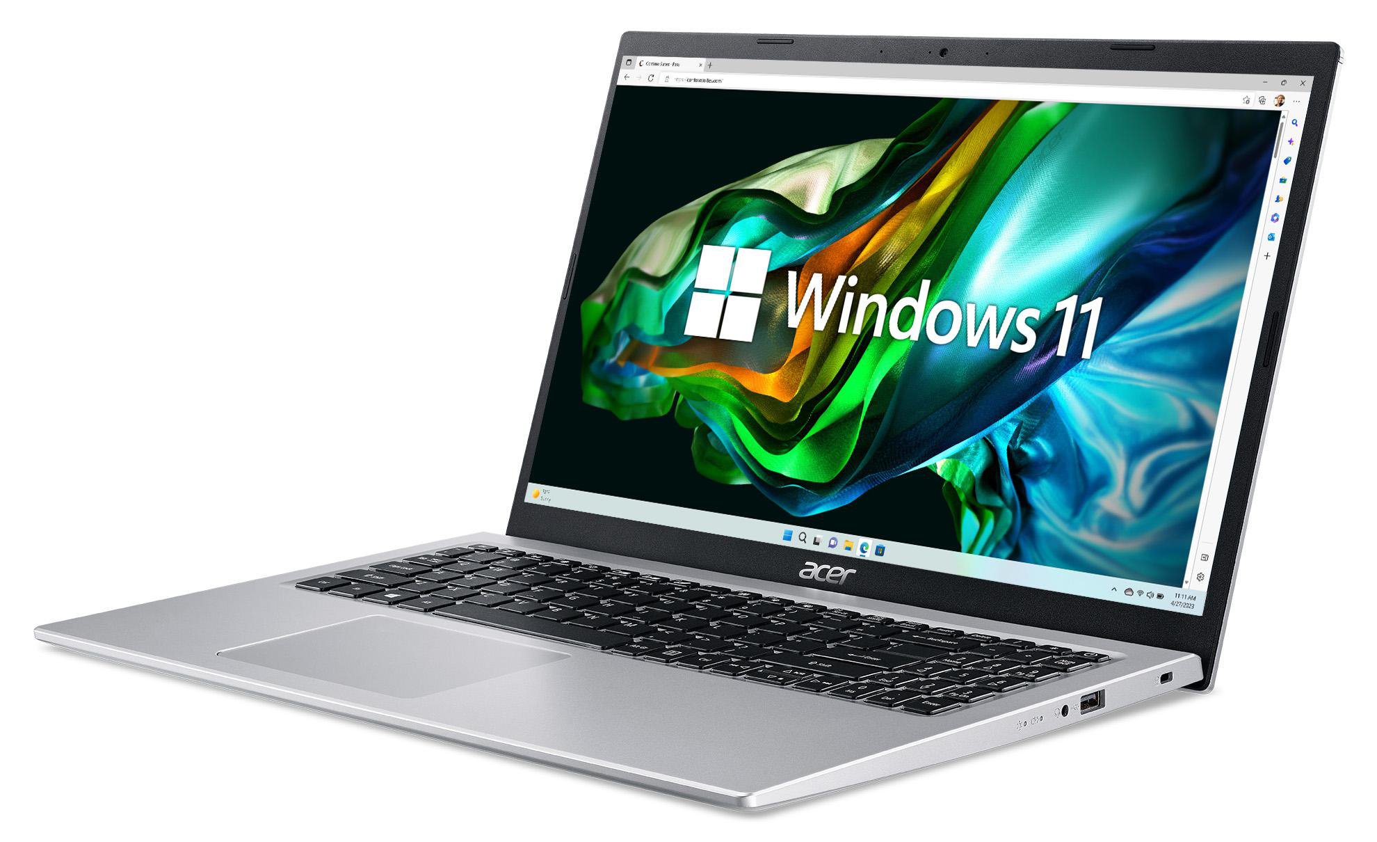 Ein silberner Acer Laptop mit Windows 11 auf dem Bildschirm, schräge Ansicht.