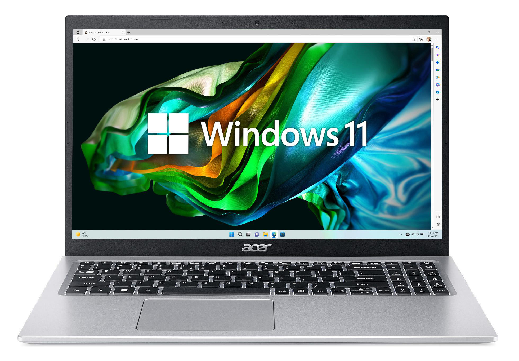 Ein silberner Laptop mit Windows 11 auf dem Bildschirm. Der Bildschirm zeigt einen farbenfrohen Hintergrund.