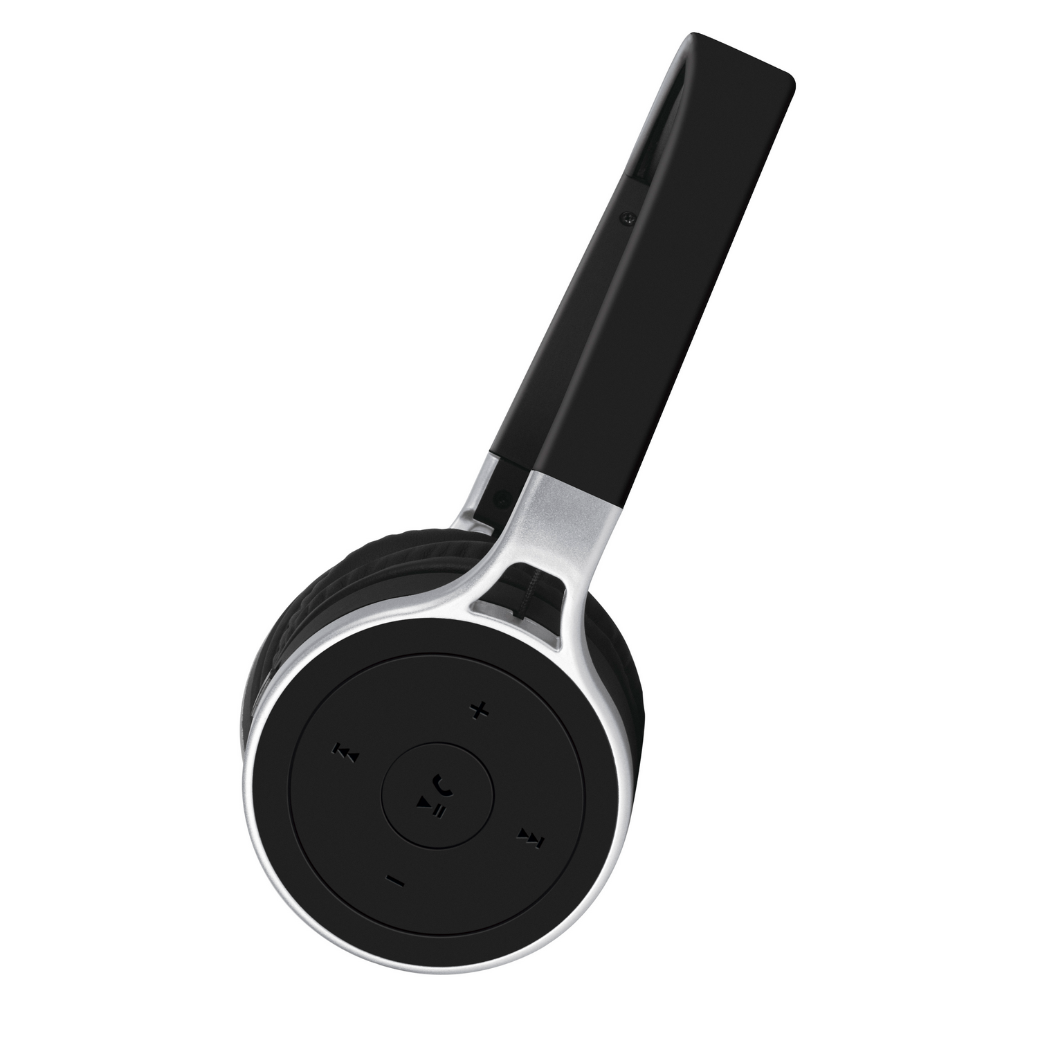 Black and silver wireless headphones, angled view, with a circular control panel.