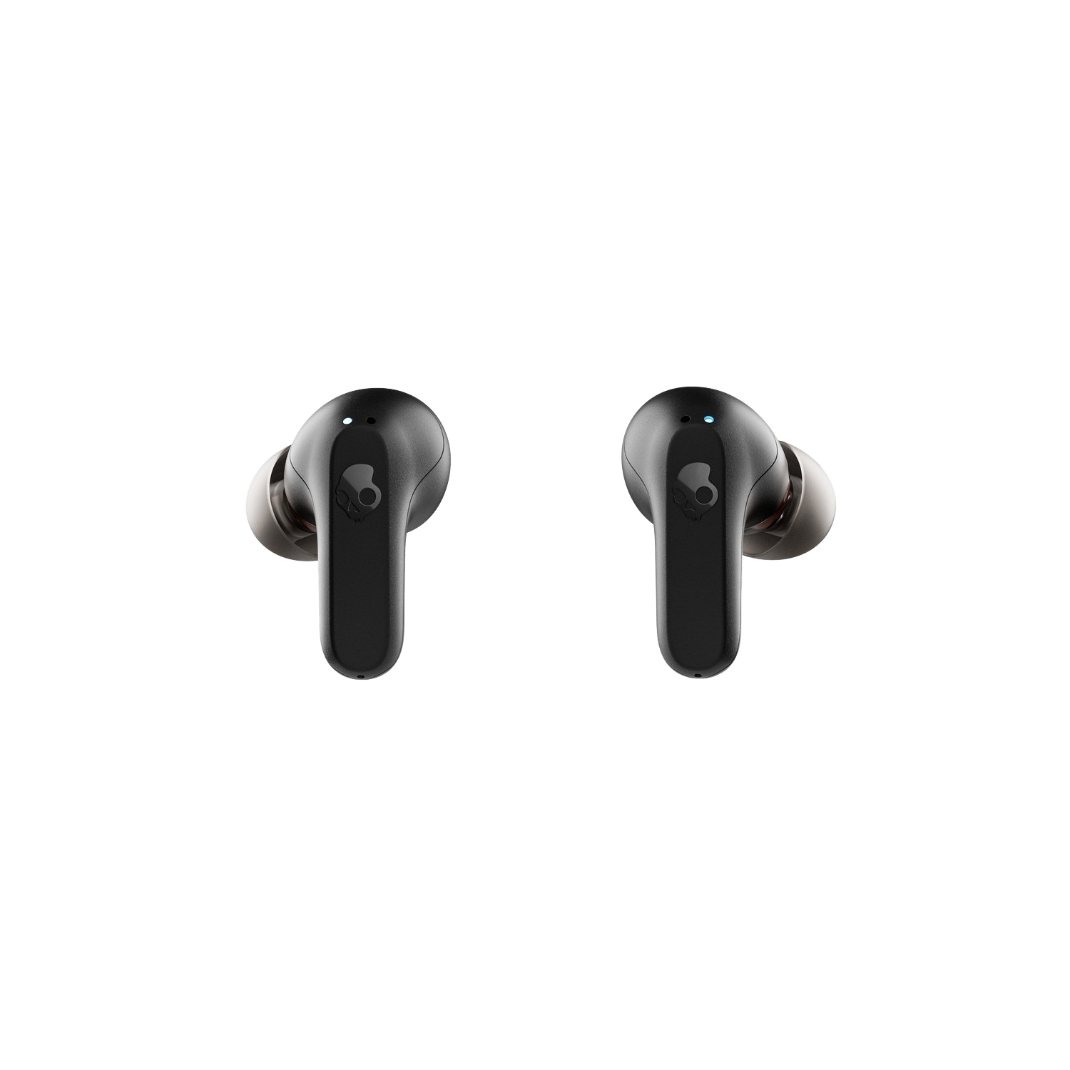 Two black wireless earbuds. The charging case is not visible. They are on a black surface.