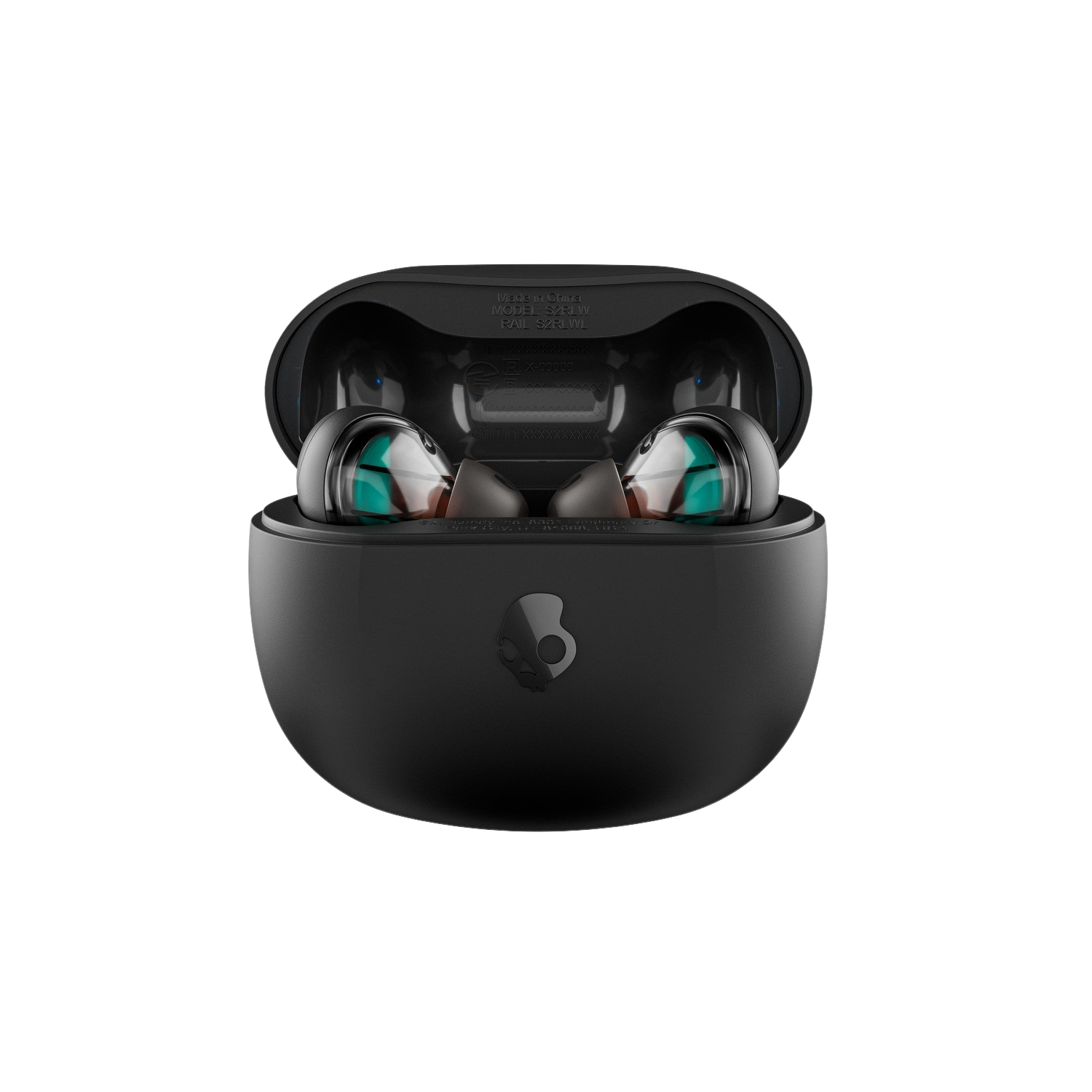 Black wireless earbuds in a black case, open, on a black background.