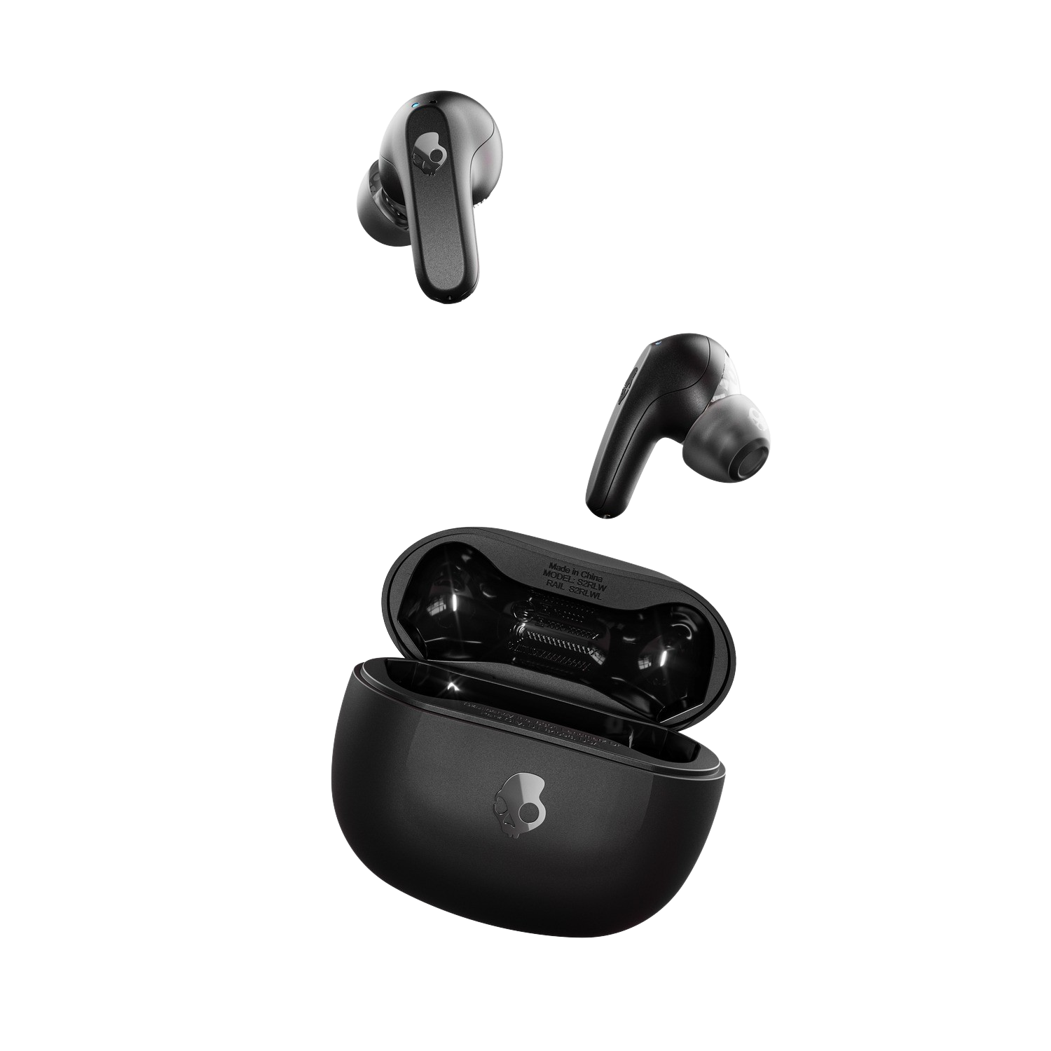 Black wireless earbuds and charging case. Earbuds floating in the air. Black background.