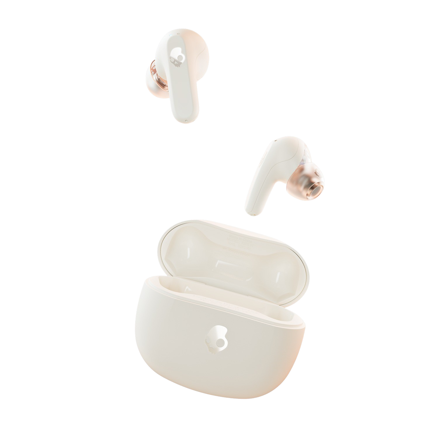White Skullcandy earbuds with a charging case, and two detached earbuds.