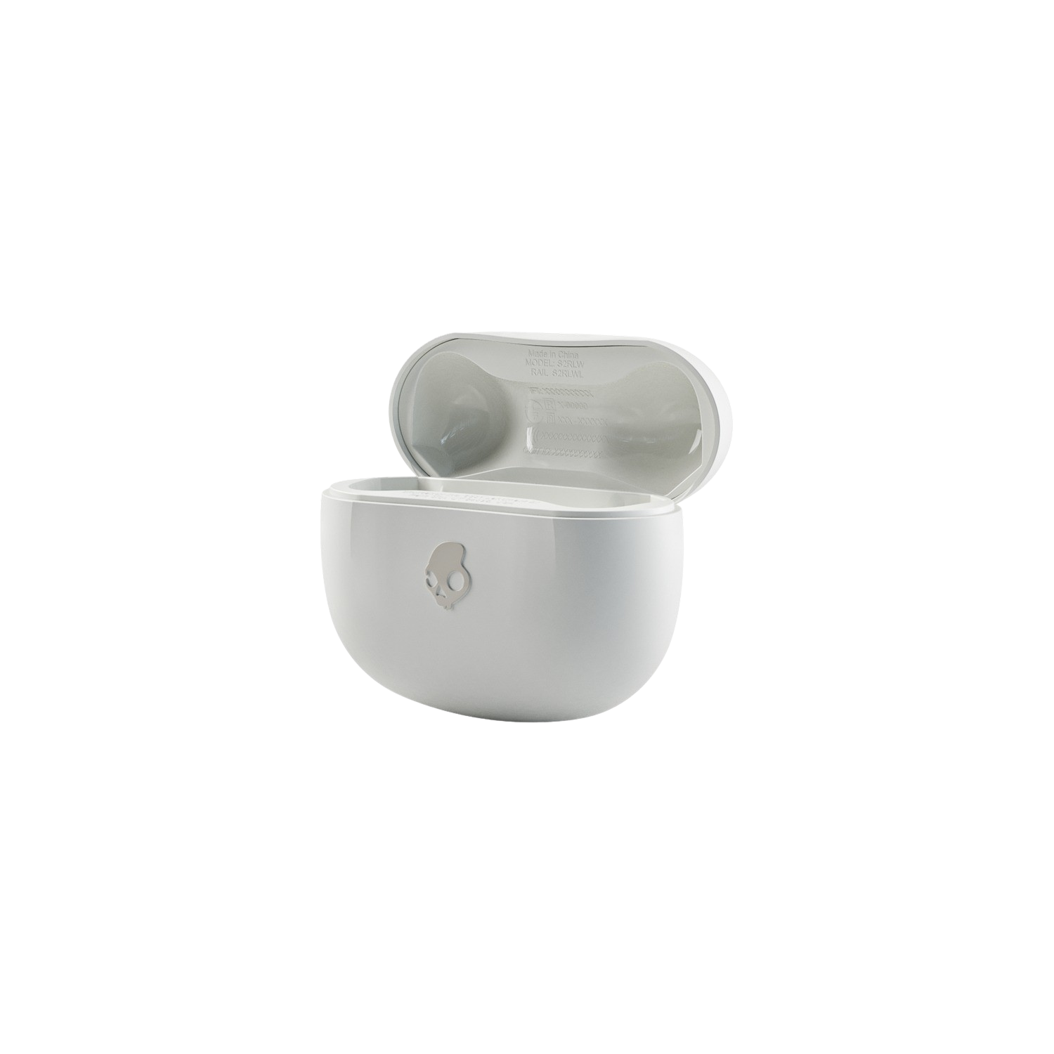 White earbud case, open, with earbuds visible inside, on a black background.