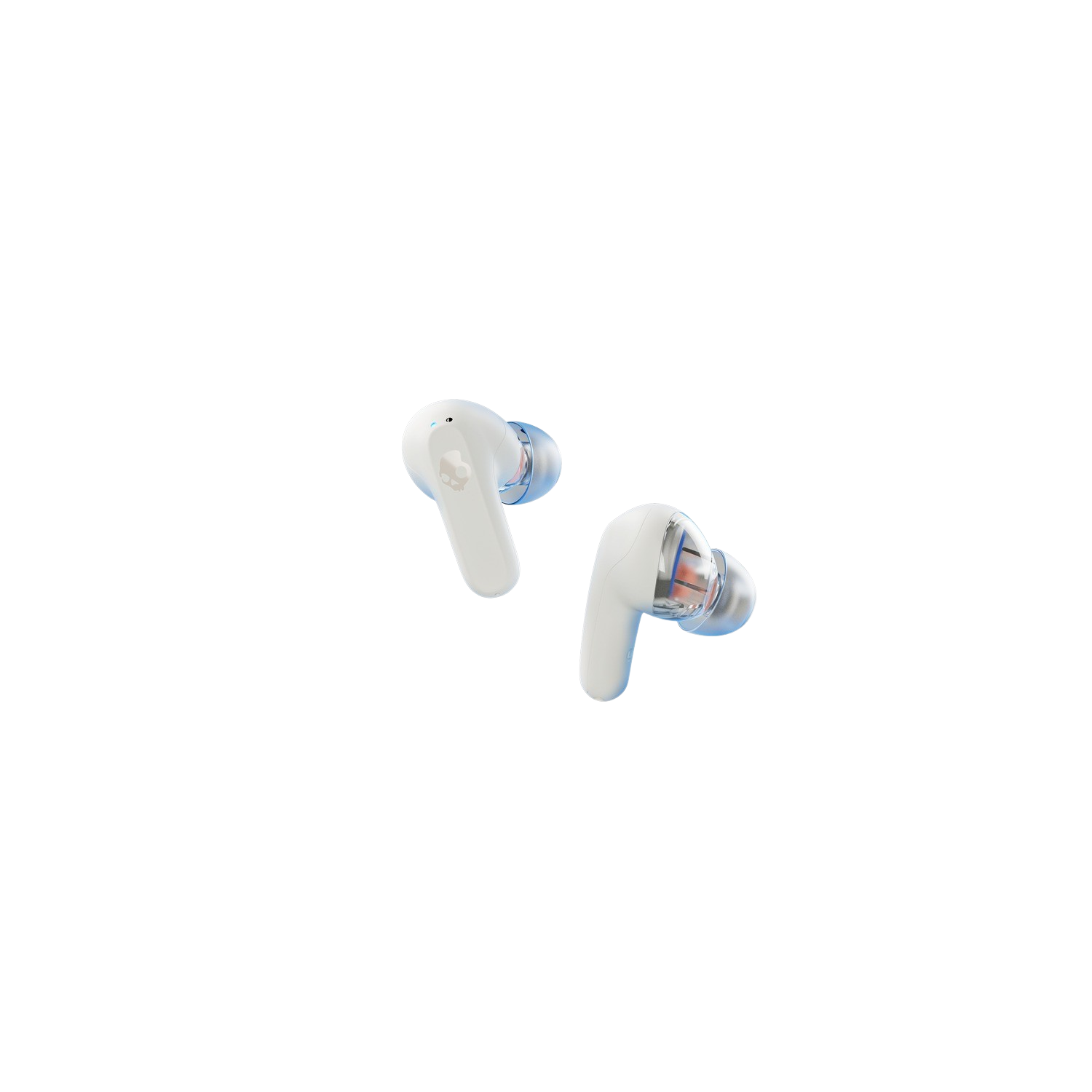 Two white earbuds with transparent accents, black background. 