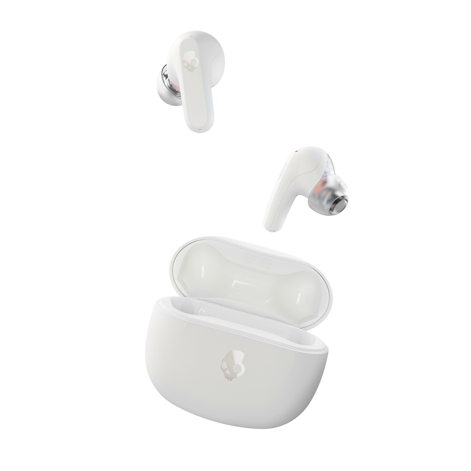 White earbuds, one in case and two separate. Black background.