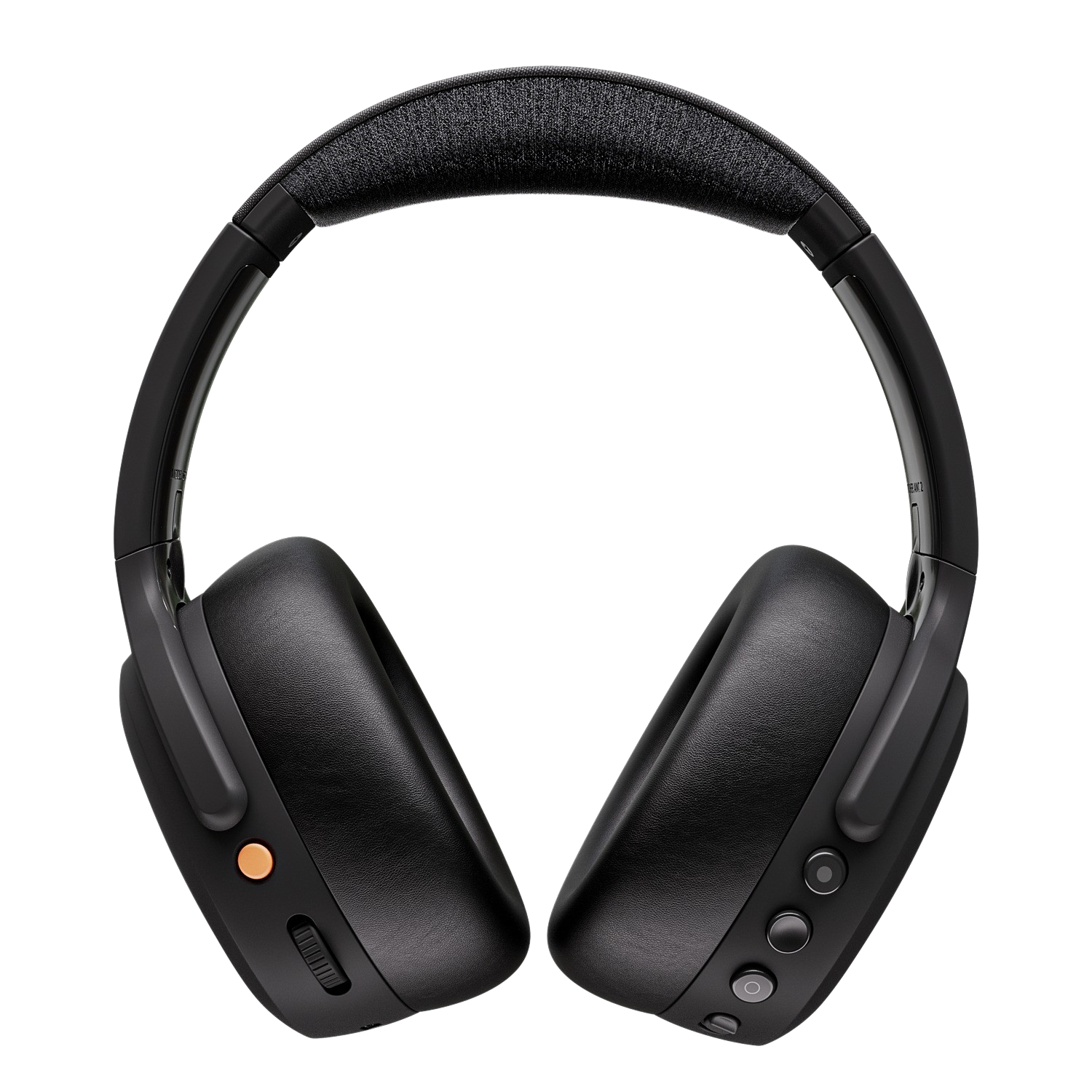 Black headphones with orange button and three buttons. The headband is black fabric.