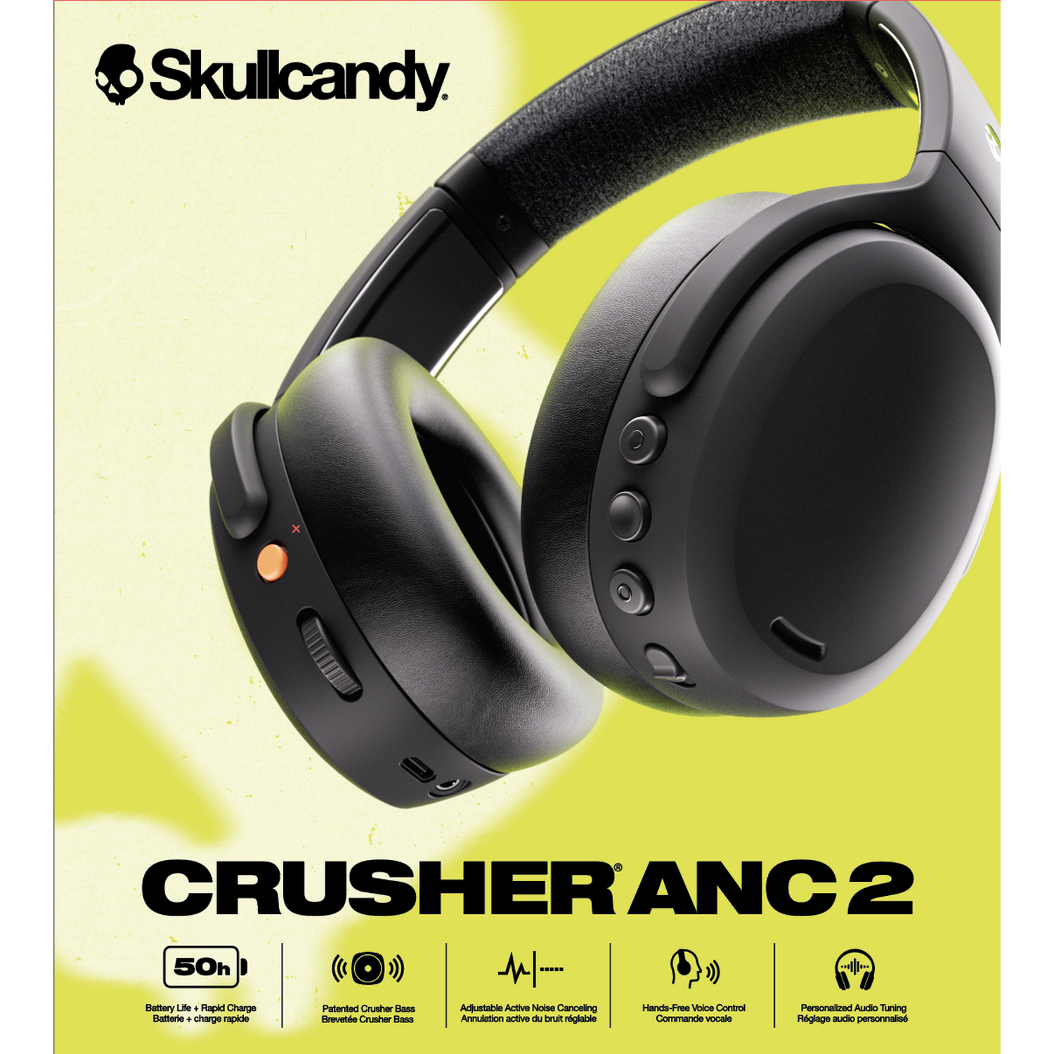 Black Skullcandy headphones, text reads Crusher ANC 2. White background, yellow design.