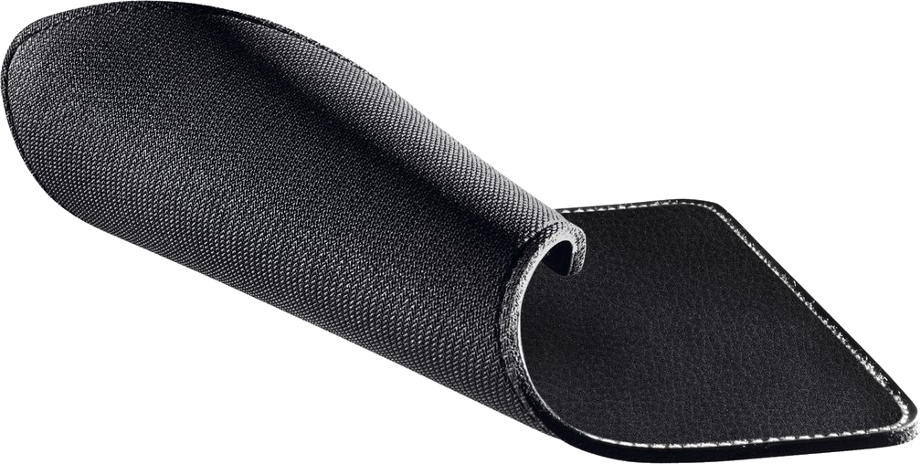 Schwarzes Mousepad mit strukturierter Oberfläche und vernähtem Rand.